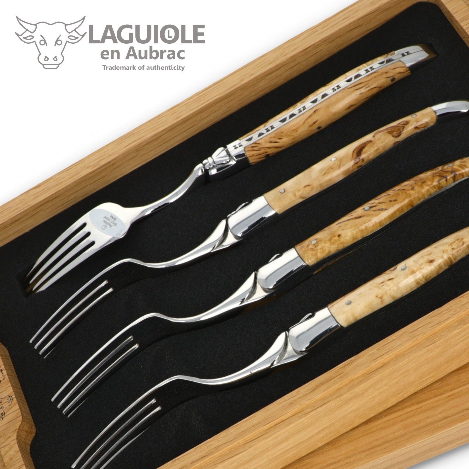 Laguiole en Aubrac Steakbesteck 42F99BHIH BRI, 4 Gabeln - Griff Birkenholz - Backen und Gabelteil Stahl glänzend
