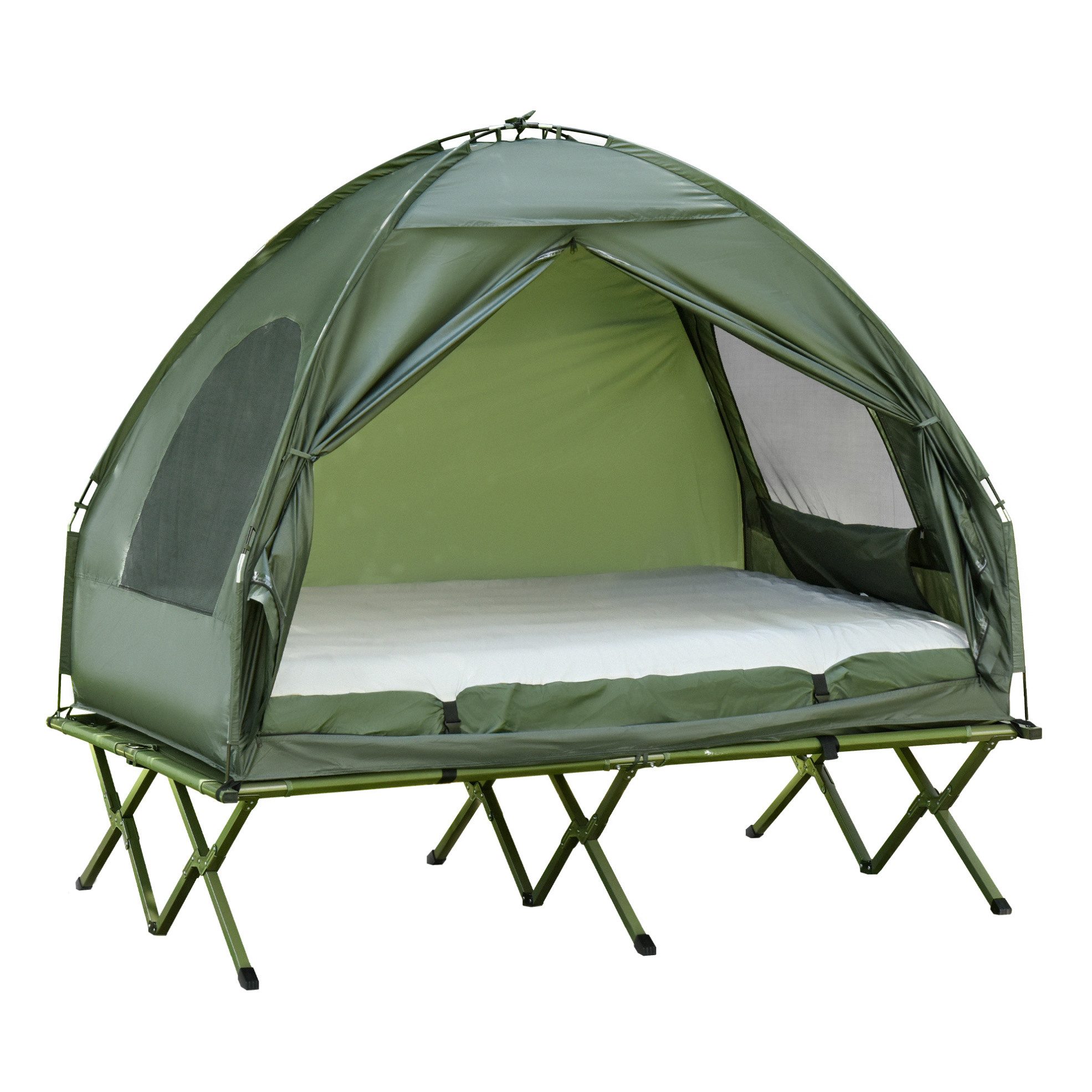 REDOM Feldbett Klappbares Feldbett mit Schlafsystem für Camping Komfort (Packung, 1-St., Outdoor Schlafsystem Campingbett Set für Abenteuer und Reisen grün) Erhöhtes Campingbett mit Kuppelzelt Luftmatratze Pumpe 193x136x178 cm