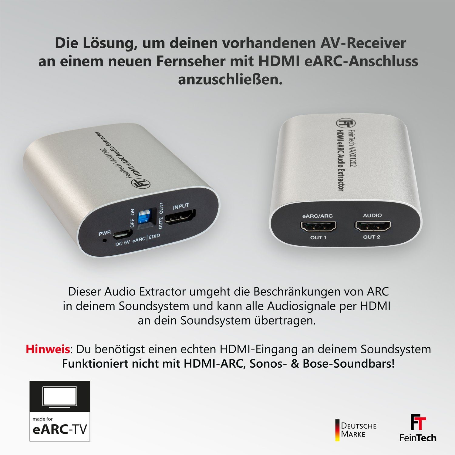 FeinTech VAX01202 HDMI eARC Audio Extractor Audio-Adapter zu HDMI, HDMI-eARC, eARC oder Audio-Splitter Modus