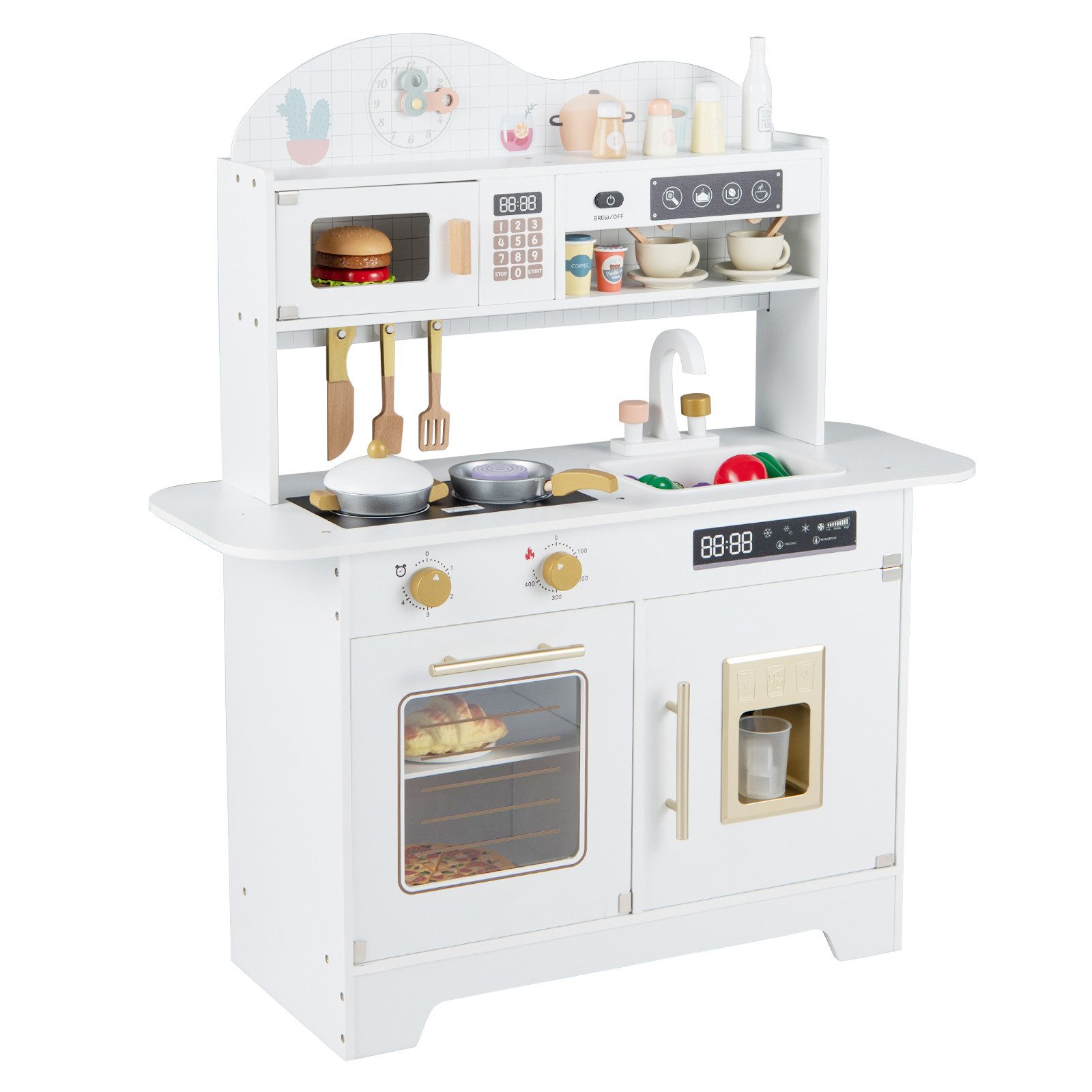 COSTWAY Spielküche Holz, Mit Stauraum, Backofen, Eismaschine & Herd