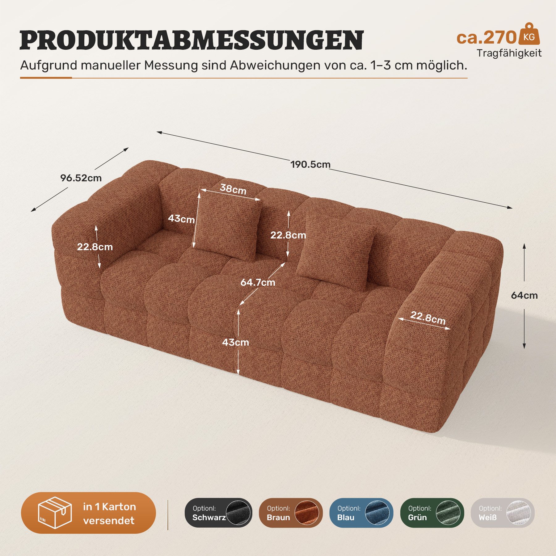 HawthyHome Sofa 2-3 Sitzer – 190 cm Chenille Wohnzimmersofa mit weicher Polsterung, 1 Teile, Modernes Design, keine Montage erforderlich & maximaler Sitzkomfort