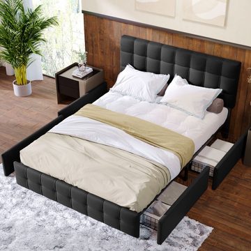 Fangqi Polsterbett 140*200cm Stauraum Bett mit 4 Schubladen, Lattenrost, Leinenmaterial, Bettgestell aus Metall, höhenverstellbares Kopfteil (Grau,Schwarz)