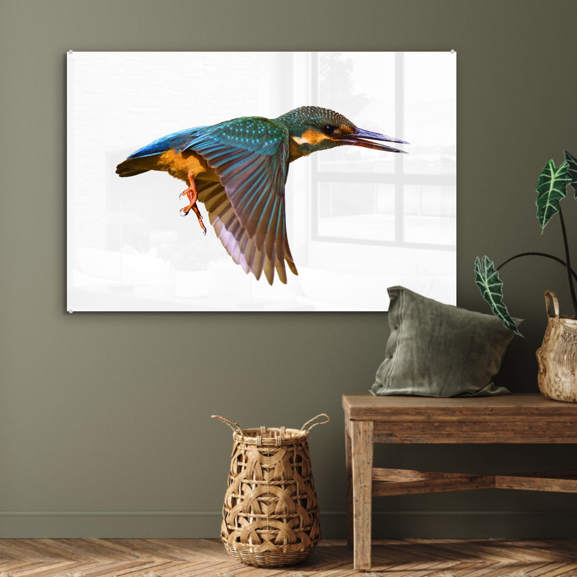 Wohnzimmer Acrylglasbild Eisvogel Fliegen Schlafzimmer & - - (1 Acrylglasbilder Tiere, St), MuchoWow