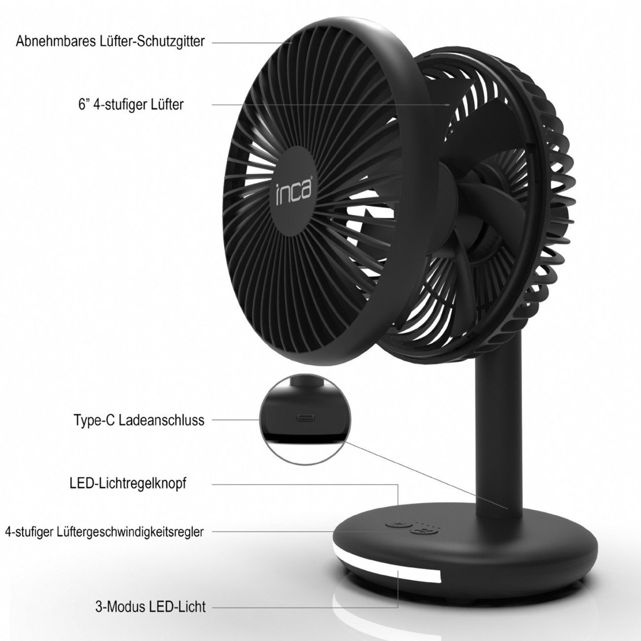INCA Tischventilator IMF-16B, 13,5 cm Durchmesser, Schreibtischventilator mit 4 Stufen und 3 LED-Lichtstufen