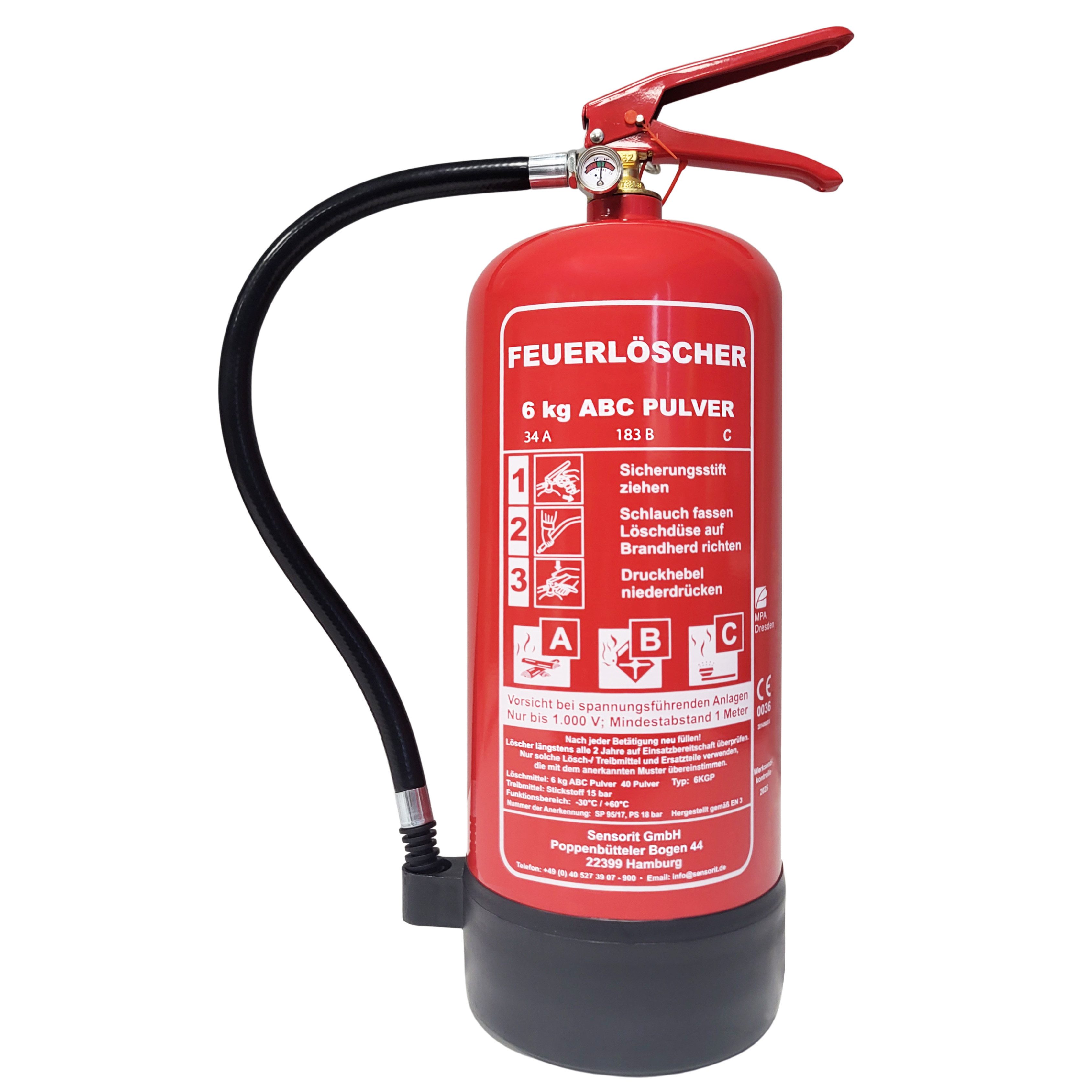 Sensorit Pulver-Feuerlöscher 6kg Pulverlöscher, Feuerlöscher, ABC inkl. Halterung und Prüfschild