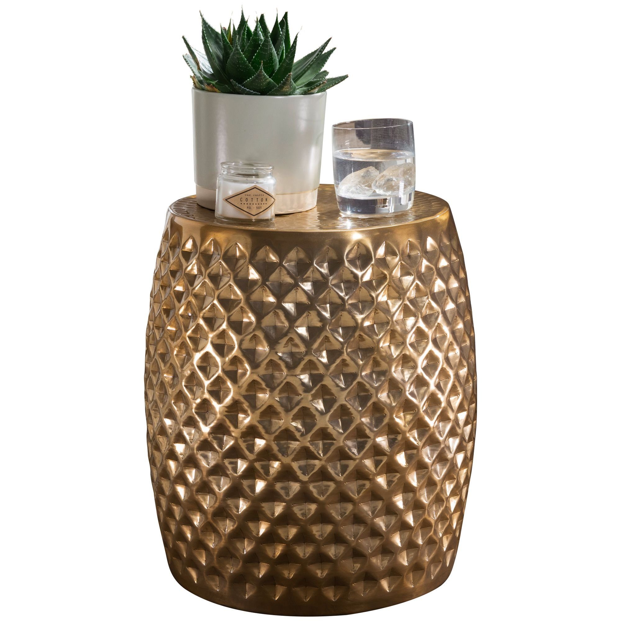 Wohnling Beistelltisch Beistelltisch Ø 32 cm Anstelltisch Gold Telefontisch Couchtisch Rund (32x42x32 cm Aluminium Hammerschlag Gold Rund), Sofatisch Orientalisch, Kleiner Wohnzimmertisch