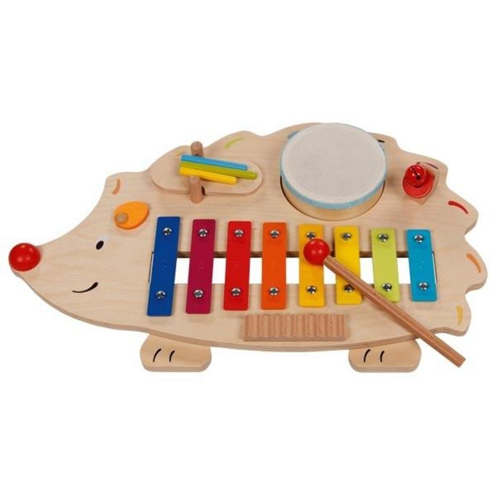 goki Spielzeug-Musikinstrument Musikstation Igel, mit Notenheft, aus Holz,  farbige Metallplatten, Klangstation