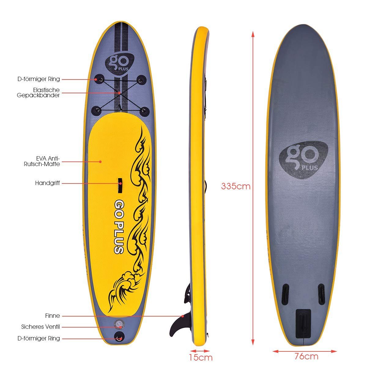 KOMFOTTEU SUP-Board Aufblasbares Paddelboard, Gelb 335x76x15cm