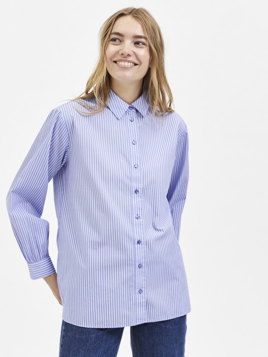 aus in Langarm Hemd (1-tlg) Blusenshirt FEMME Blau 4185 Baumwolle Basic SLFREKA SELECTED Bluse