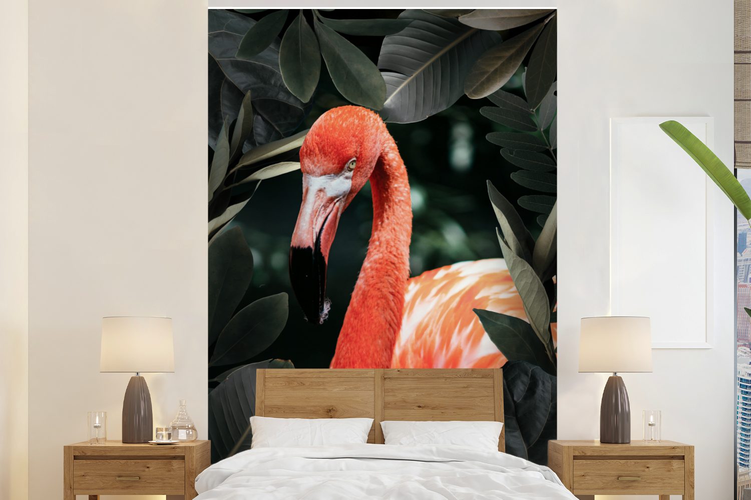 Matt, (3 St), Montagefertig - Wohnzimmer, Wandtapete bedruckt, Blätter - Grün, für Fototapete MuchoWow Tapete Vinyl Flamingo