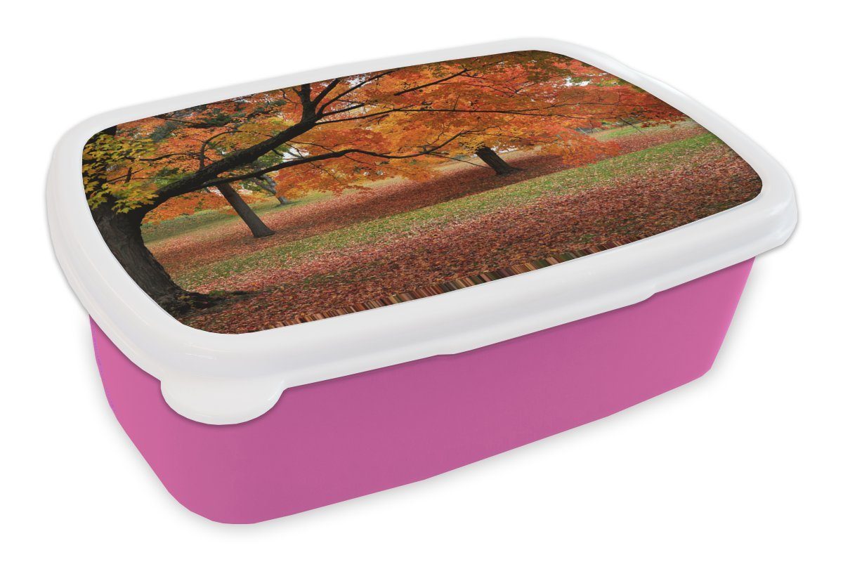 MuchoWow Lunchbox Herbstblätter in einem amerikanischen Wald, Kunststoff, (2-tlg), Brotbox für Erwachsene, Brotdose Kinder, Snackbox, Mädchen, Kunststoff rosa