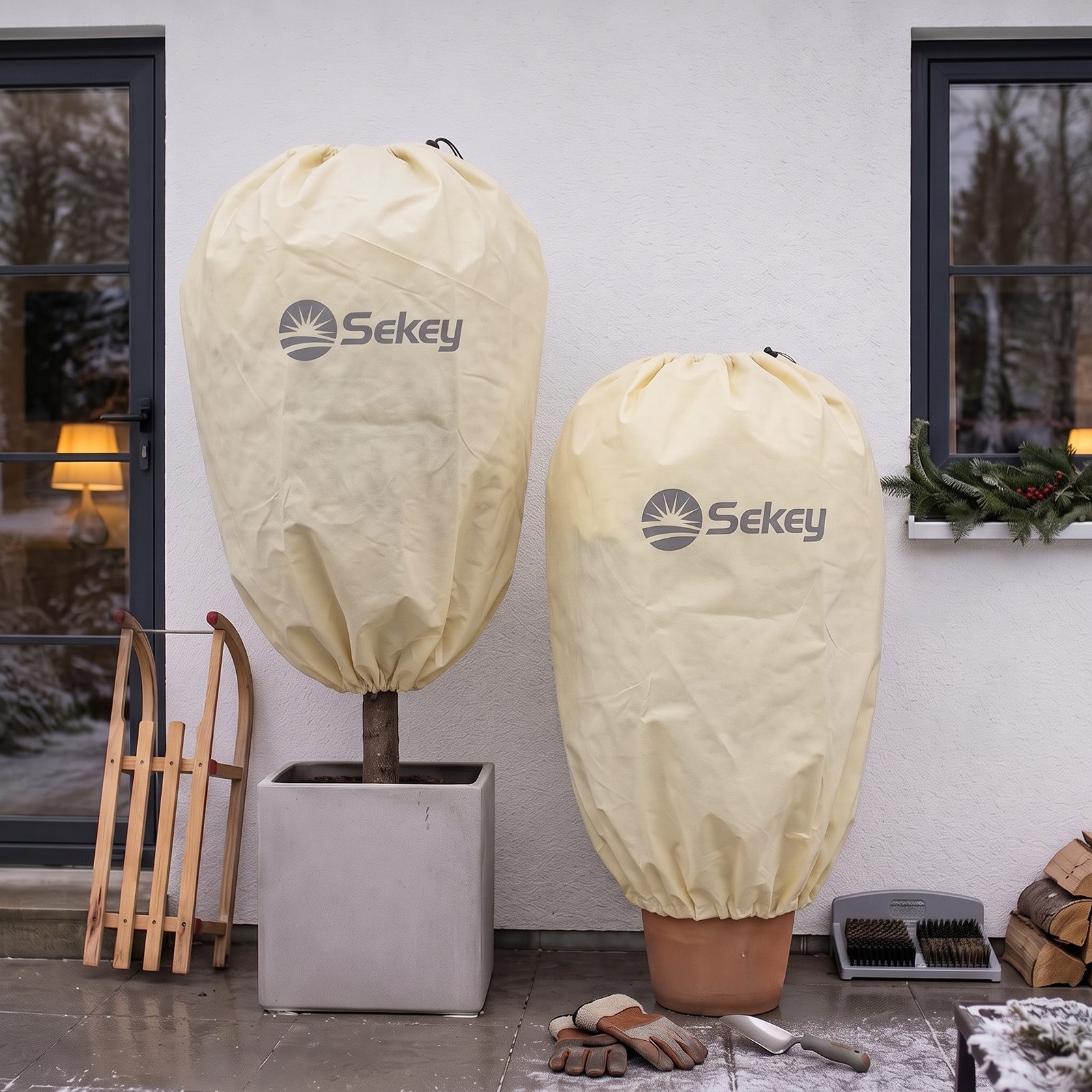 Sekey Winterschutzhaube Winterschutz für Pflanzen Frostschutz Haube mit 2 Zugbändern (2-St), Beige, 80x100cm Vlieshülle, Pflanzenabdeckung mit doppeltem Zugband – Bild 2 von 5