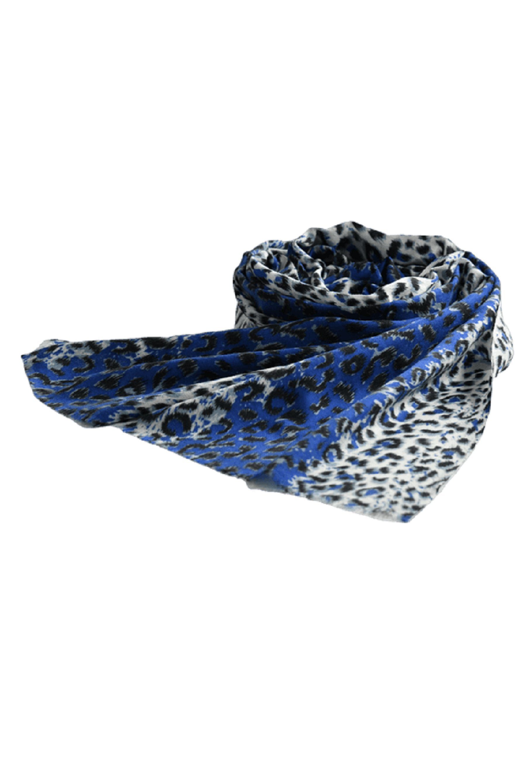 Leopardendruck, mit Schurwollen- Fransen Seidenmix Schal, blau Wollschal Chilli & Blue Home Bedruckter