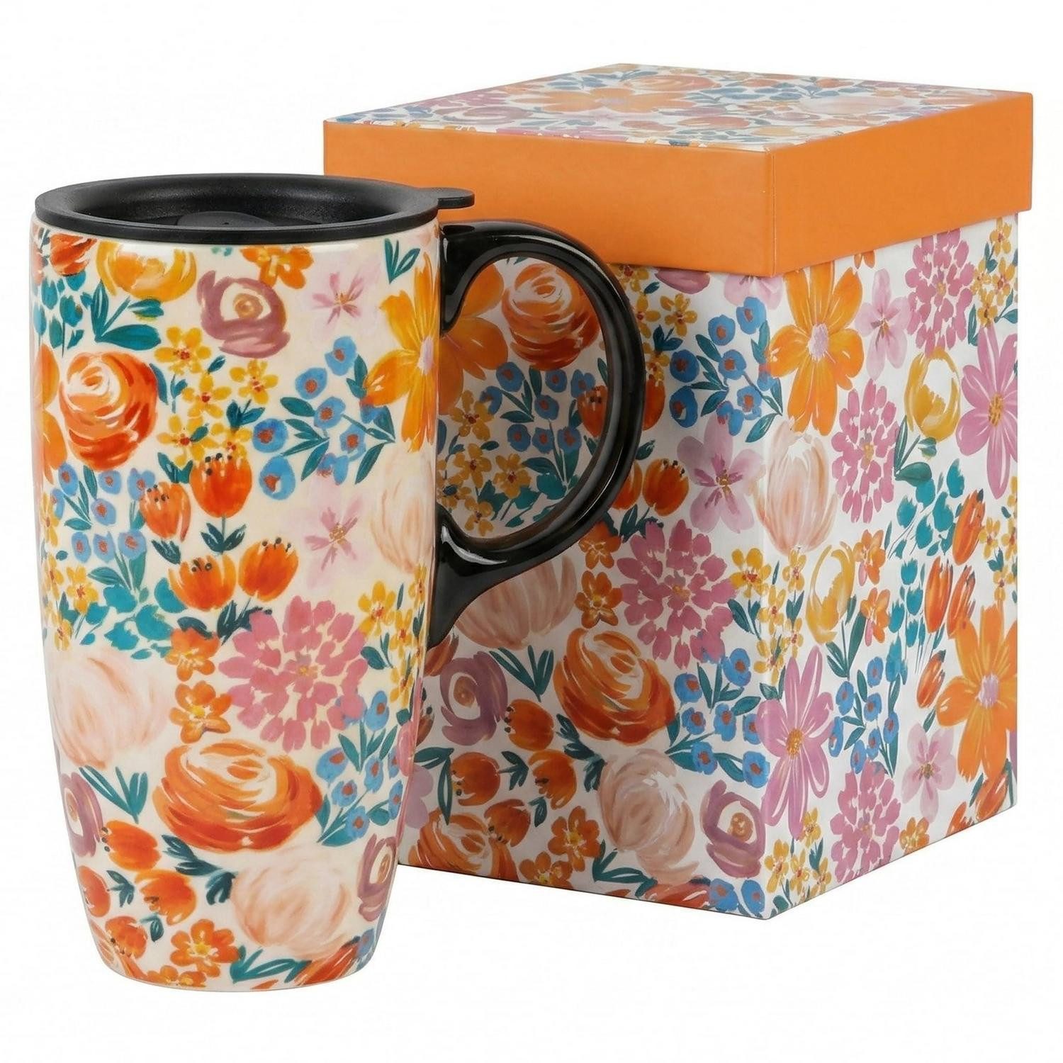 LuxusKollektion Coffee-to-go-Becher Kaffeebecher 500ml mit Deckel Blumenmuster, Keramik