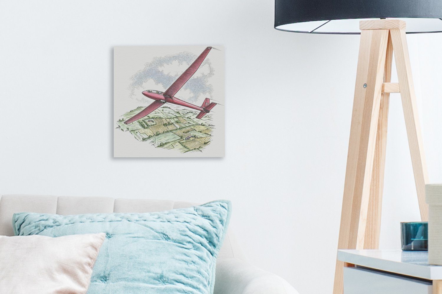 das Landschaft Schlafzimmer Wohnzimmer für Bilder Segelflugzeugs, Leinwand OneMillionCanvasses® über Eine fliegt, (1 eines die Illustration Leinwandbild St),