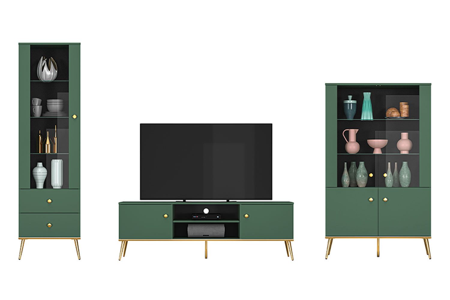 Feldmann-Wohnen Wohnwand Forest, (1 Stauraumvitrine, 1 Lowboard, 1 Standvitrine, 3-St., moderne Optik, 3-teilig), 307cm dunkelgrün / gold