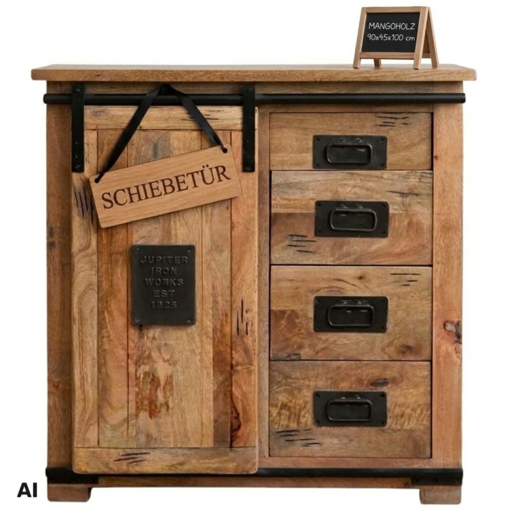 MR.DEKO Kommode Florenz 90x45x100 cm massives Mangoholz, braun, viel Stauraum (Kommode 90 cm breit, passende Möbel erhältlich), Kommodenschrank mit 4 Schubladen, 1 Schiebetür,Wohnzimmer / Flur