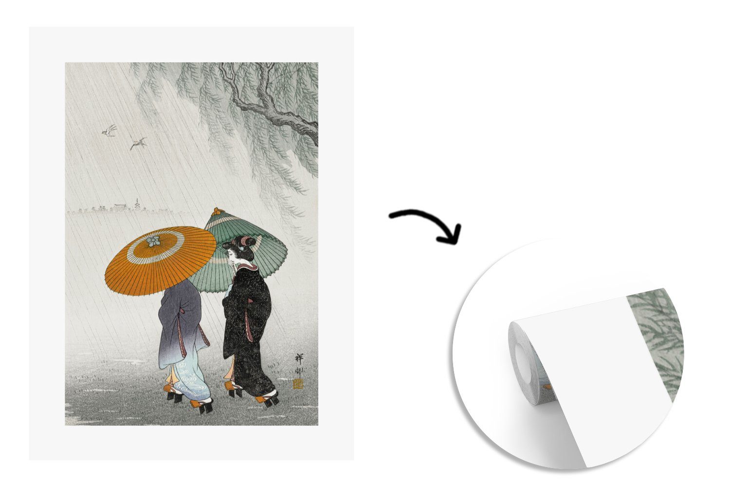 Japanisch St), Matt, Regenschirm Tapete Montagefertig - (4 bedruckt, Fototapete Wohnzimmer, MuchoWow Vintage, Kimono Vinyl für Wandtapete - -