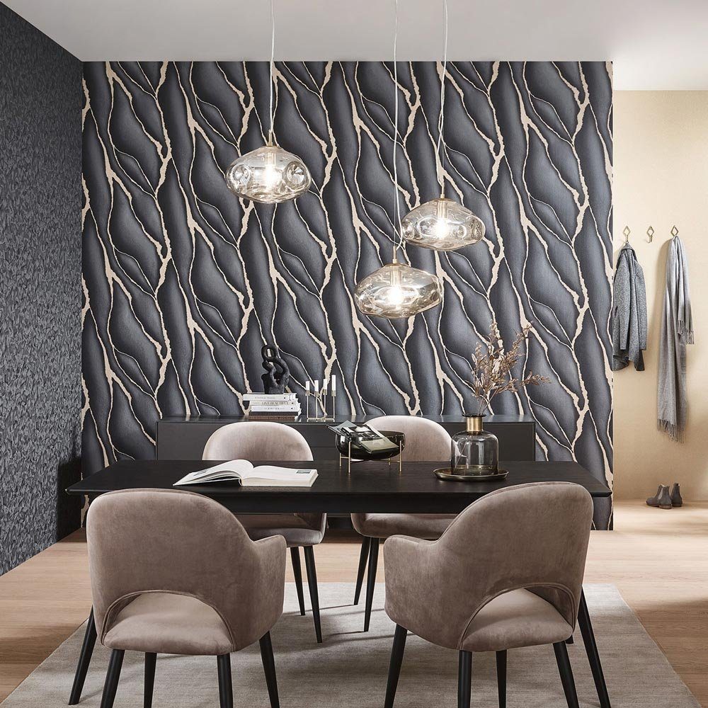 Vliestapete 3D-Effekt Schwarz Gold Metallic Elle Decoration 10345-15