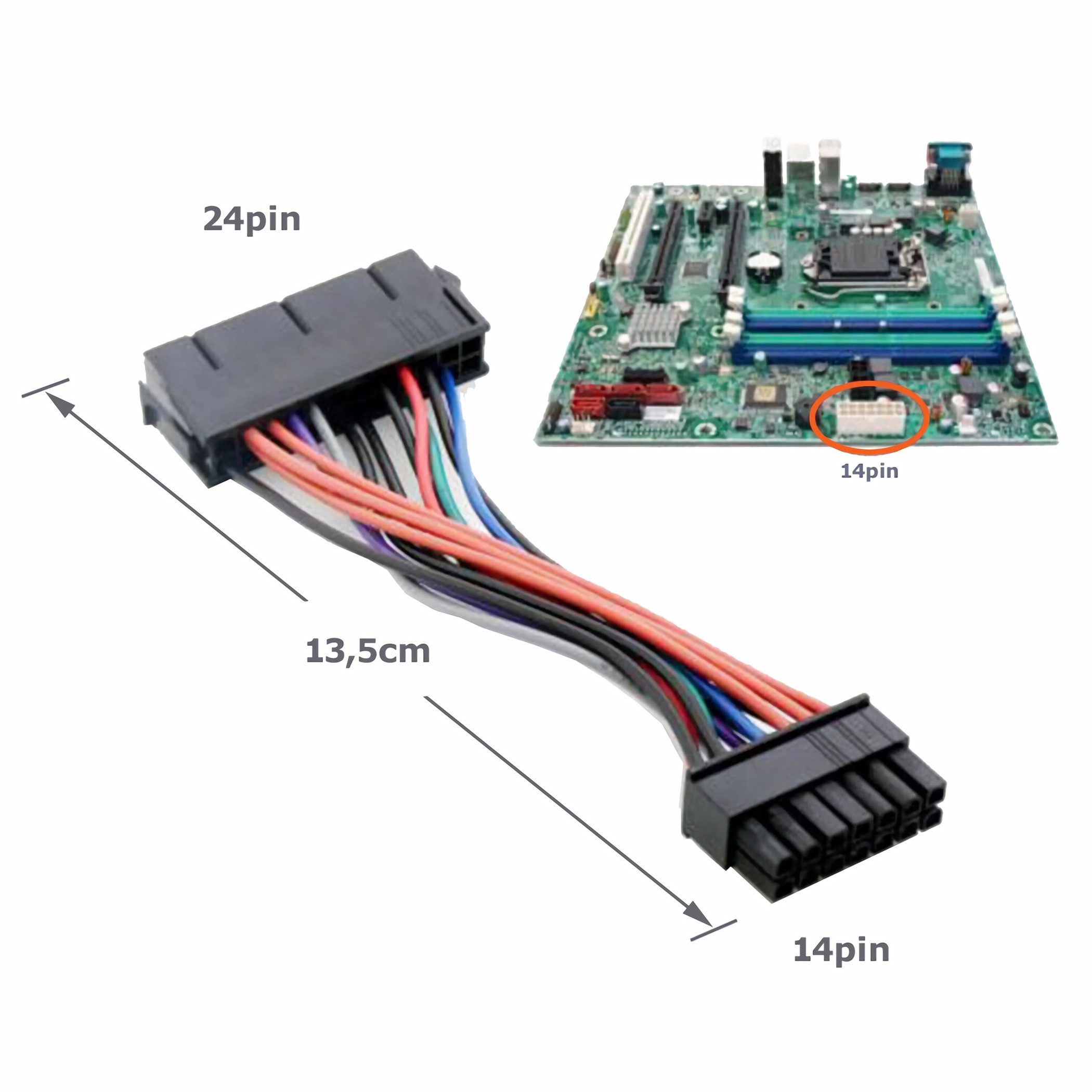 Bolwins F36 Adapter Kabel 24pin auf 14pin Strom für Lenovo Medion ATX Netzteil Computer-Kabel, 24-Pin ATX Stecker, standardisiert, passgenau, stabiler Halt, 14-Pin Lenovo Mainboard Kupplung, proprietärer Anschluss, sicher verriegelt (13.5 cm), 24-Pin auf 14-Pin Adapter für Lenovo Netzteil-Upgrade