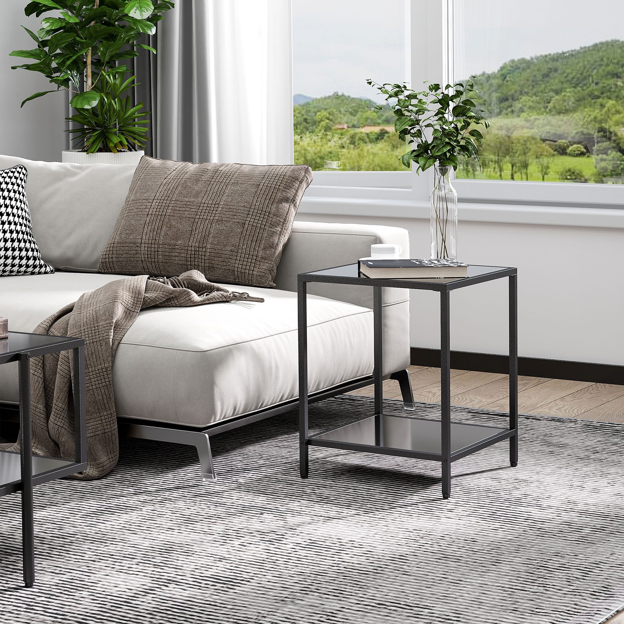 HOMCOM Beistelltisch Wohnzimmertisch mit 2 Ebenen aus Hartglas, Sofatisch (Couchtisch, 1-St., Kaffeetisch), für Wohnzimmer, Schlafzimmer, 40 x 40 x 50 cm, Stahl, Schwarz