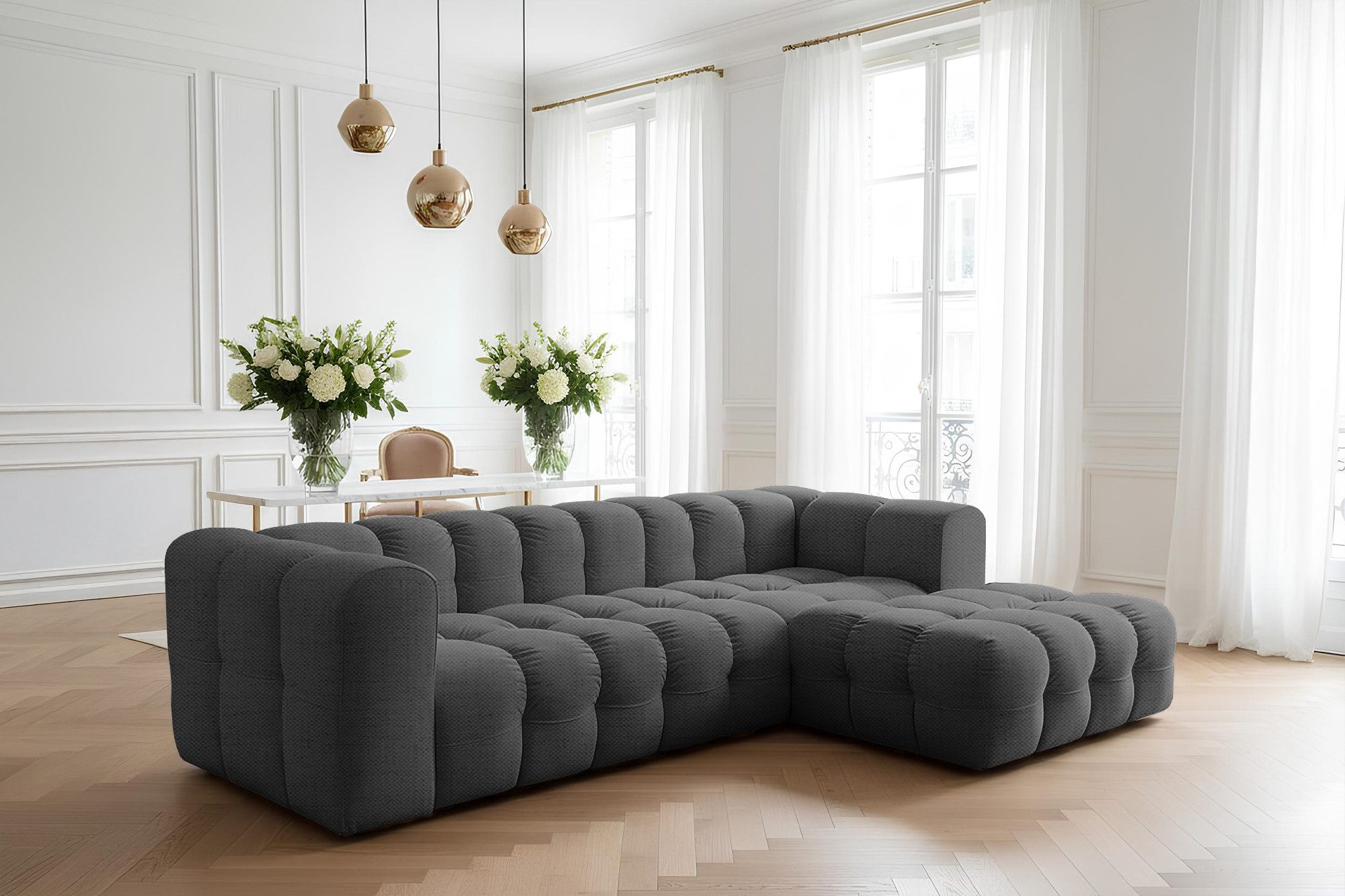 yourhouse24 Ecksofa BLOOM L, 290x193 cm XXL Lounge-Sofa in Bubble-Optik Chenille oder Samt, Made in Europe