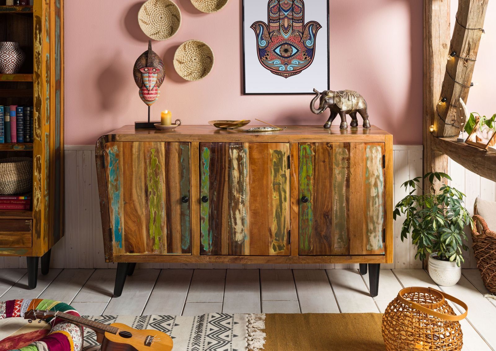 Massivmoebel24 Sideboard SIXTIES (Sideboard im Retro Stil mit Drehtüren, bunt lackiert 150x45x45 Altholz teilmontiert), Retro-Design, 60% recyceltes Altholz, Unikat, Türen mit Magnetverschluss, Schubladen herausnehmbar