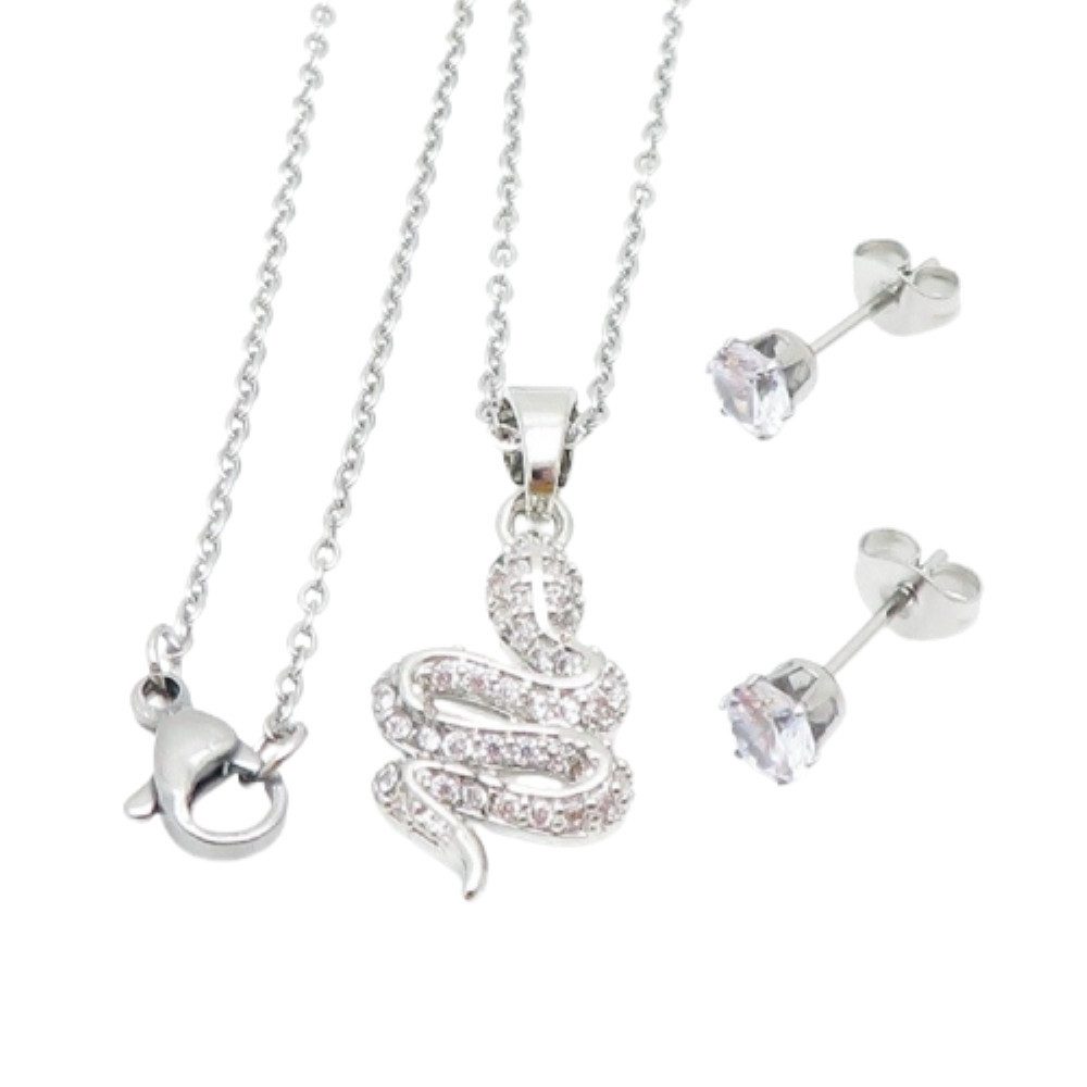 BUNGSA Schmuckset Schmuckset Schlange mit Kristallen Messing Damen silber (1-tlg), Geschenkset Damen