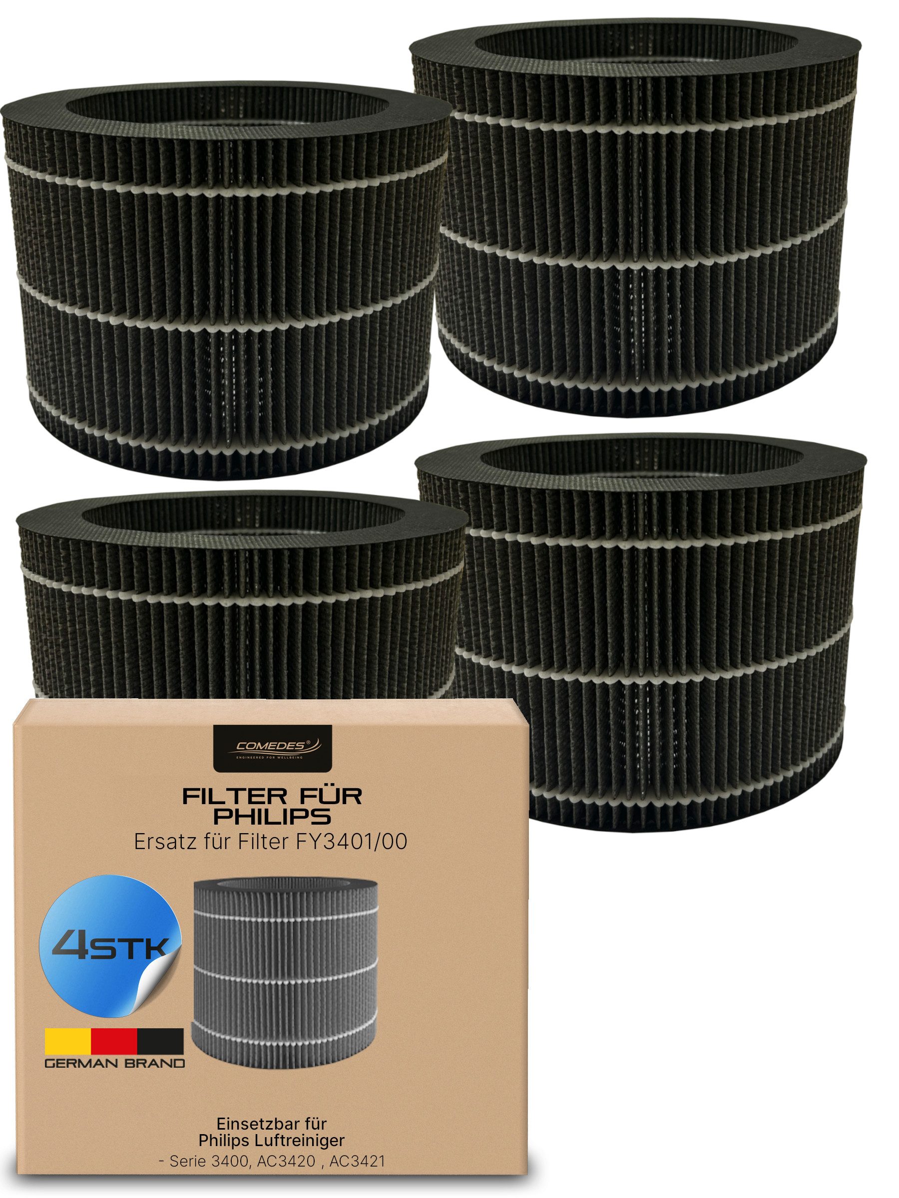 Comedes Filter-Set 4er-Set einsetzbar statt Philips FY3401/00, Zubehör für AC3420/10, AC3421, AC3430 Luftreiniger
