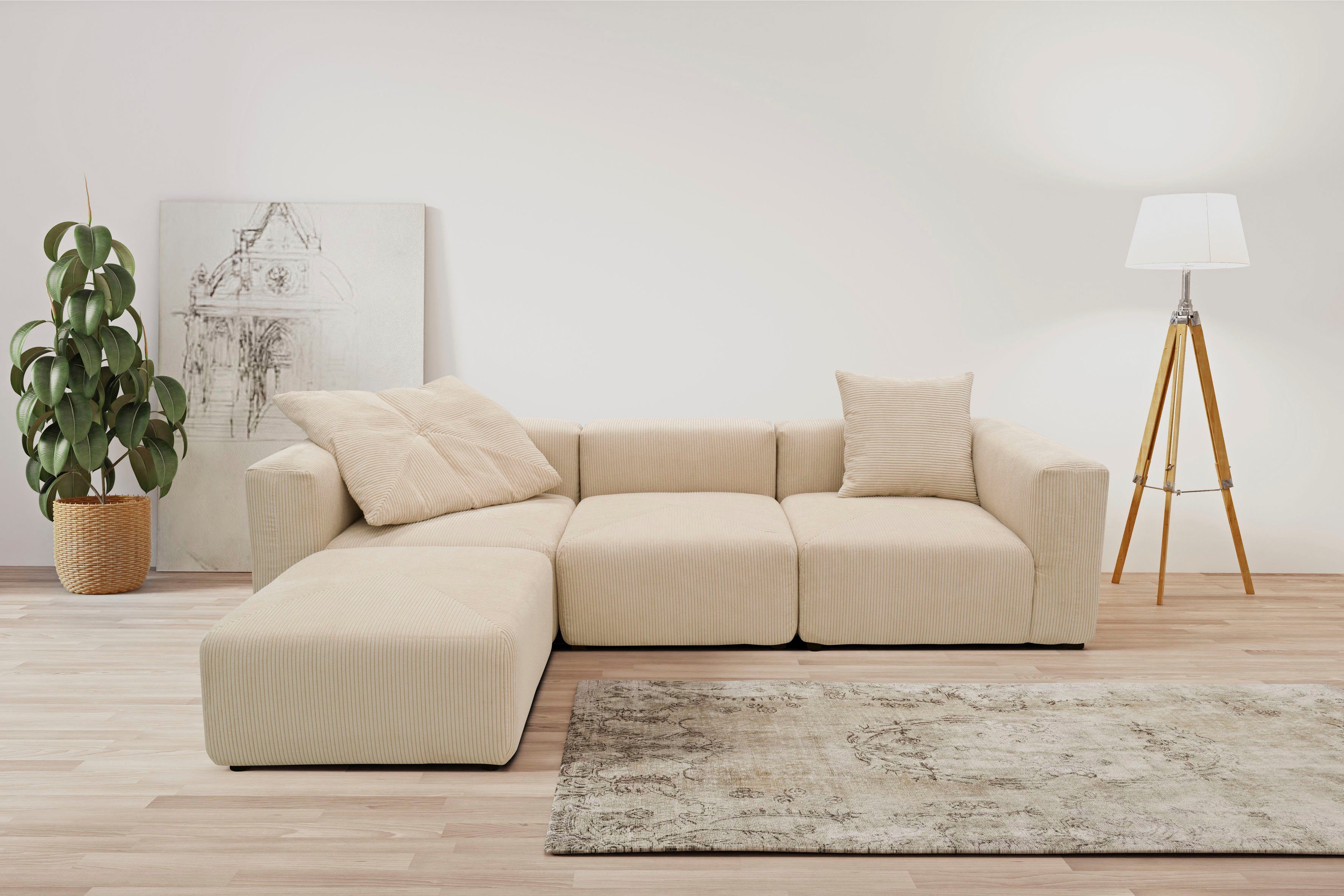 RAUM.ID Ecksofa Gerrid L-Form, Cord-Bezug, Modulsofa, bestehend aus Eck- und Mittelelement + Hocker