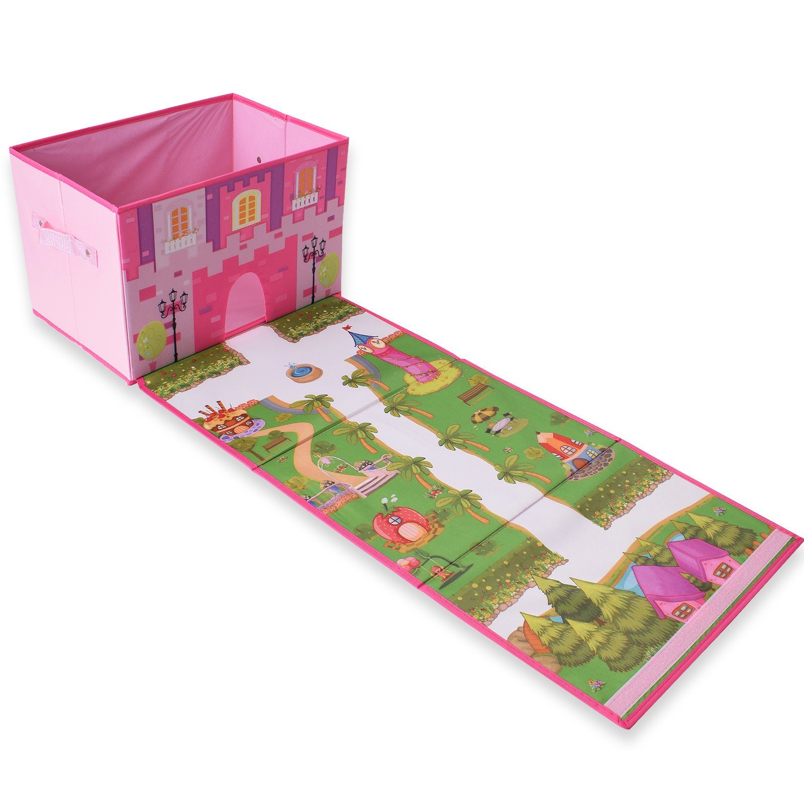 TE-Trend Aufbewahrungsbox Mädchen Box Schloss Motiv Spielmatte Spielteppich, mit Integriertem Deckel und Spielmatte