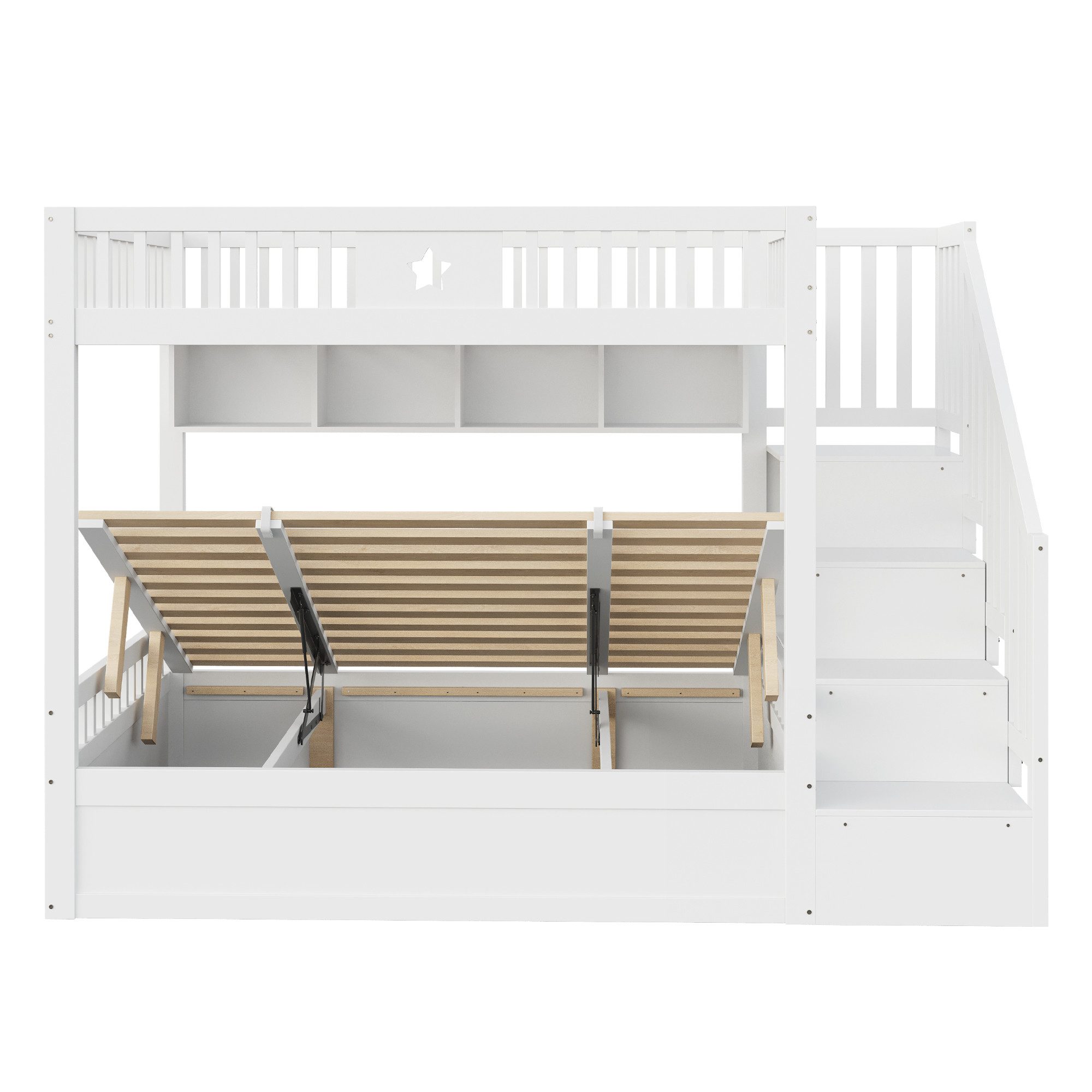 Merax Etagenbett mit hydraulischem Unterbett (1-St., Stockbett Jugendbett Doppelbett Hochbett aus Massivholz), Kinderbett 140x200cm mit Stauraumtreppe, Regalen  – Bild 5 von 5