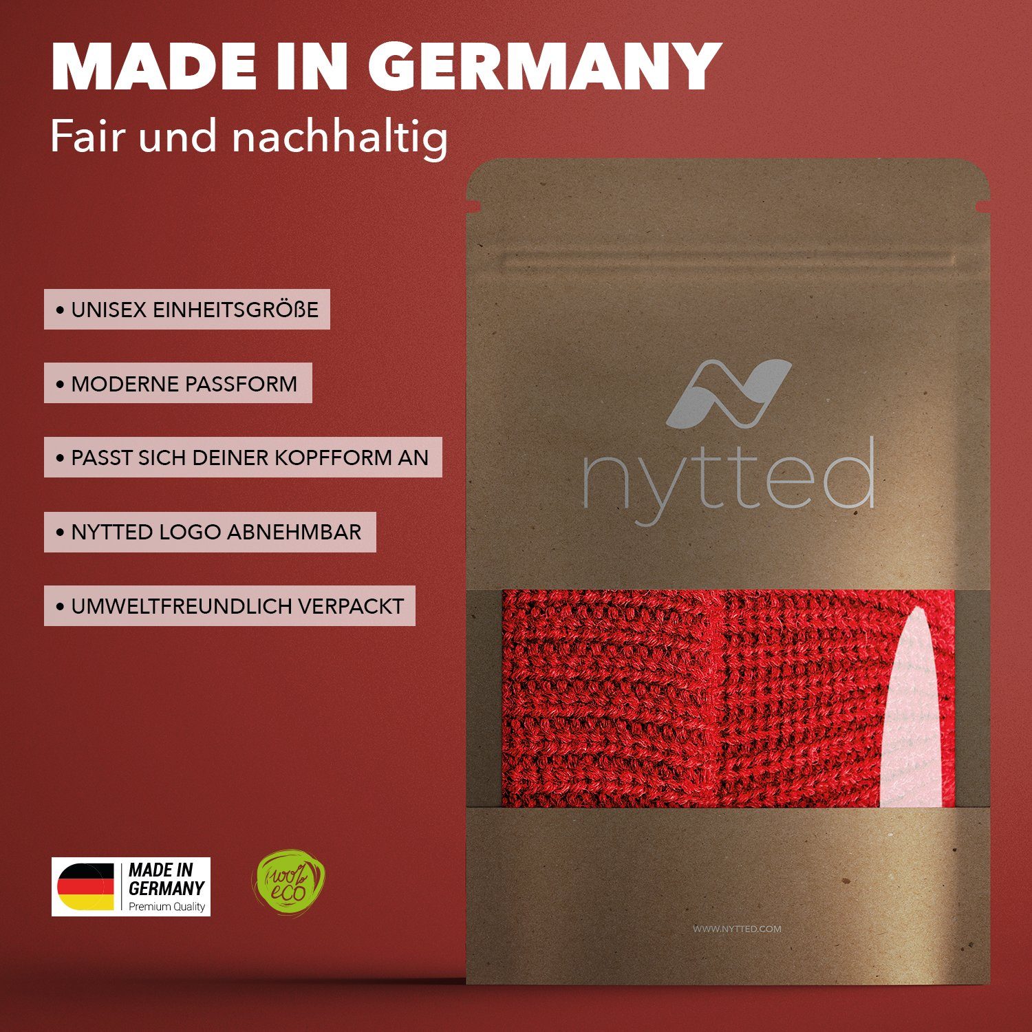 100% kurze in Mütze- Wolle - Germany NYTTED® Costeau UNISEX rot Made - - Strickmütze