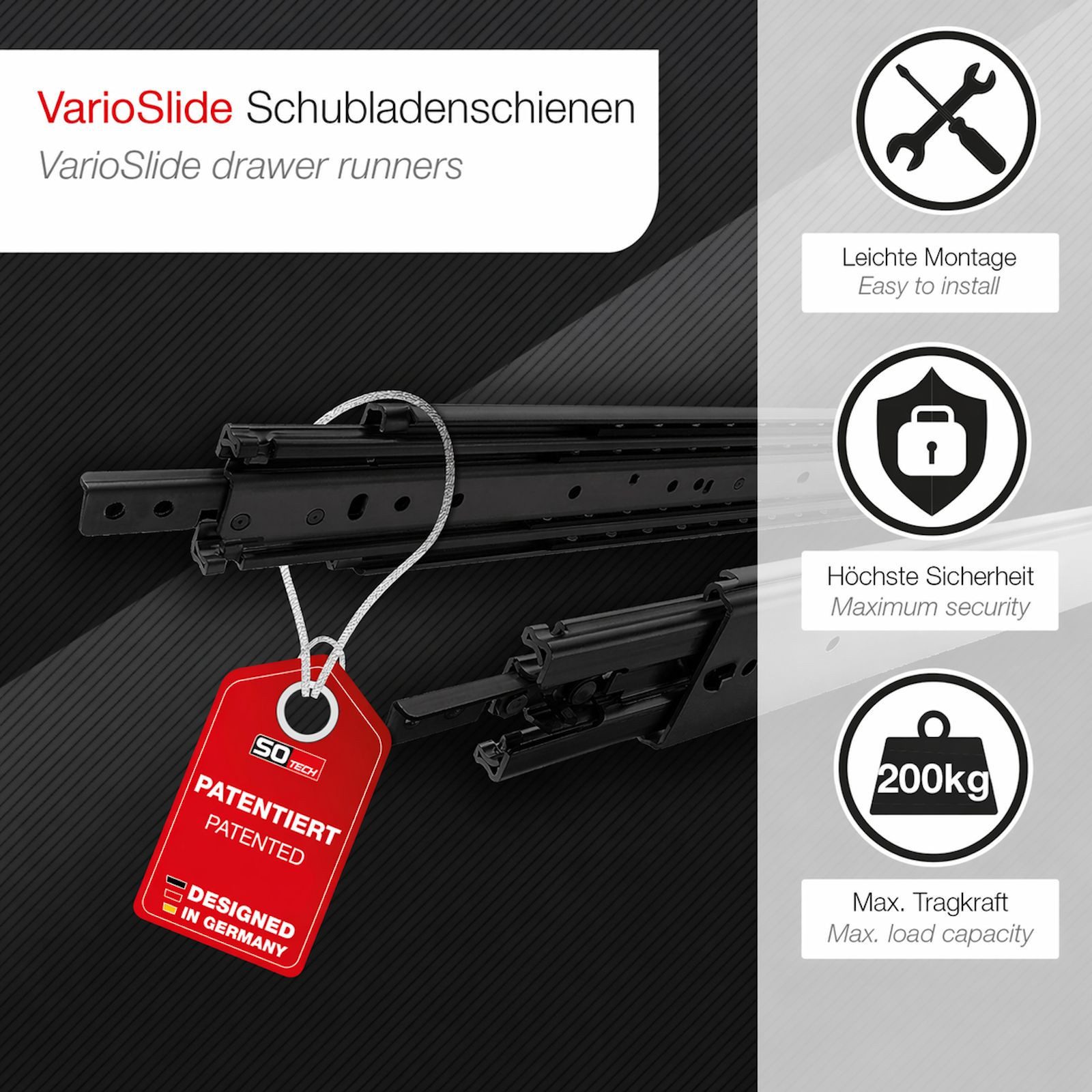 SO-TECH® Teleskop-Vollauszug Schwerlastauszug VarioSlide KV2-200-H76-EH mit Lock-in/out, KV2-200-H76-1200 EH 1219,2mm, 200kg schwarz für Maschinenbau