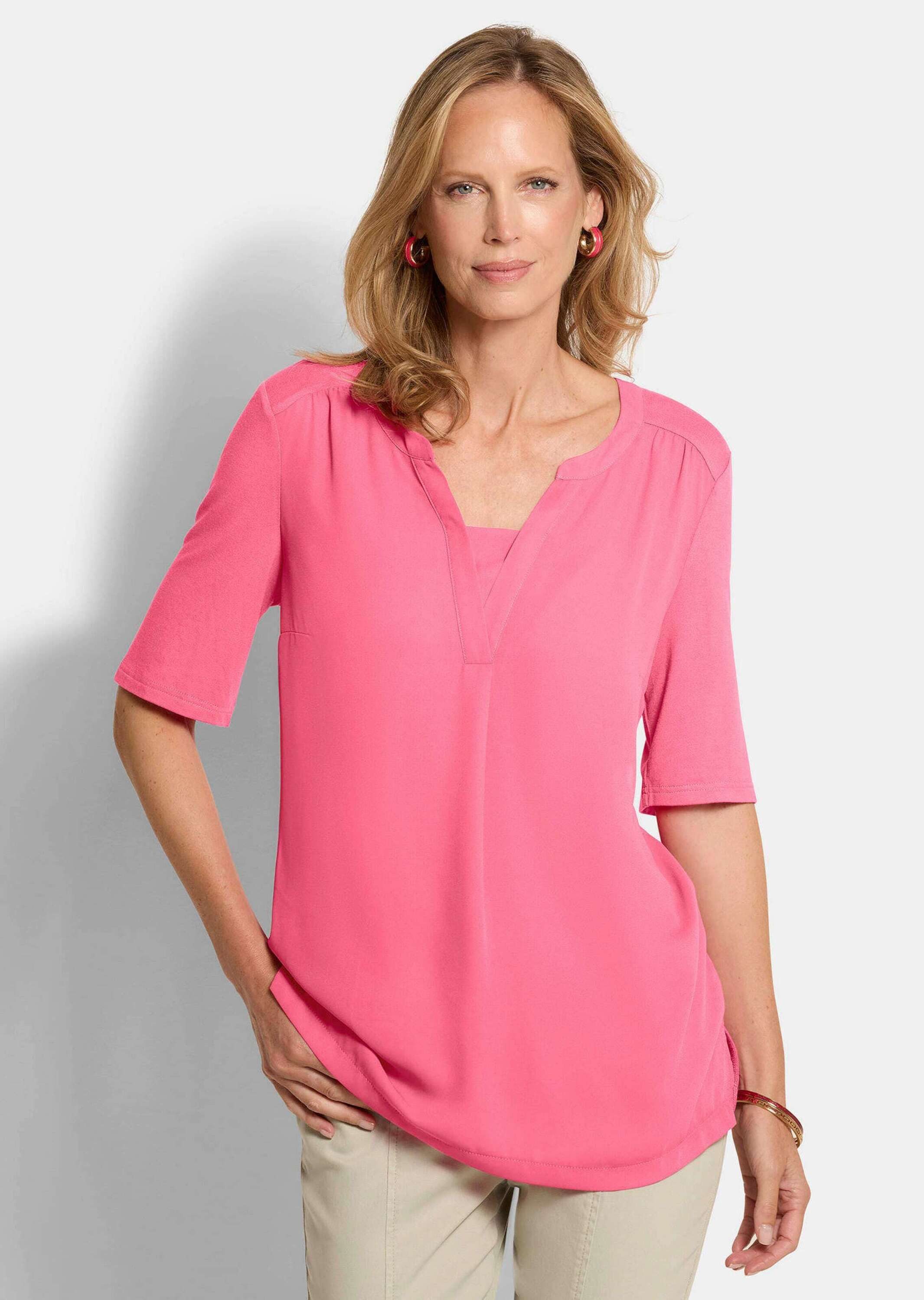 Shirtbluse Kurzgröße: Chiffonbluse mit Jersey-Rückteil