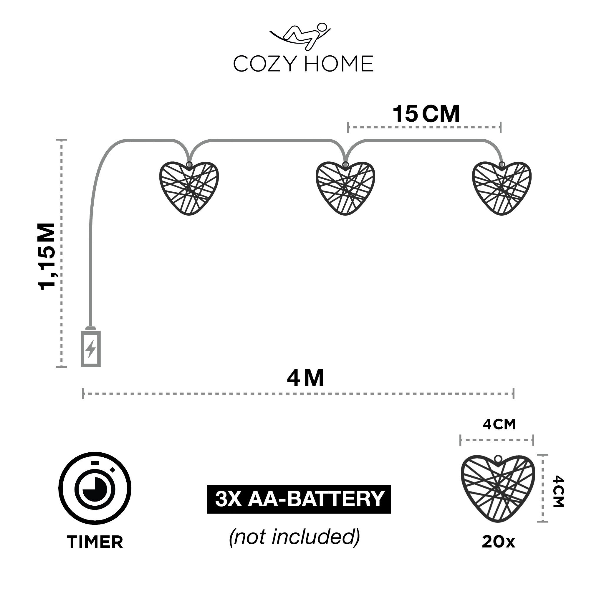 COZY HOME LED-Lichterkette Herz Lichterkette Batterie und Stecker -, 20 LEDs I 5 Meter I Timer-Funktion I Warmweiß I Lichterkette Innen – Bild 4 von 5