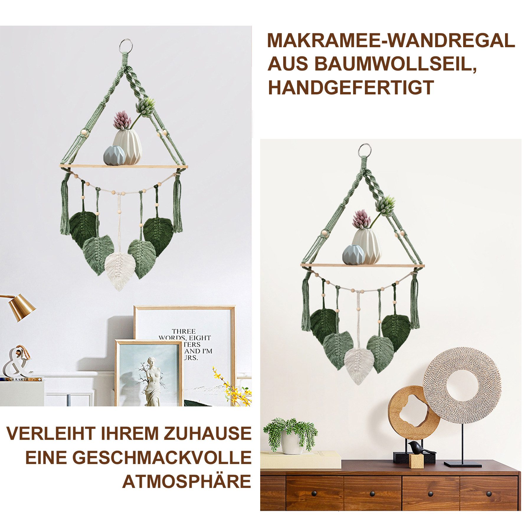 Mutig Wanddekoobjekt Makramee Holz Wandregal,Boho Hängeregal Wand Deko,Pflanzenregal (Hängeregal mit Baumwollseil für Boho Deko ( 40x90cm) , Wandregal Holz Rega – Bild 5 von 5