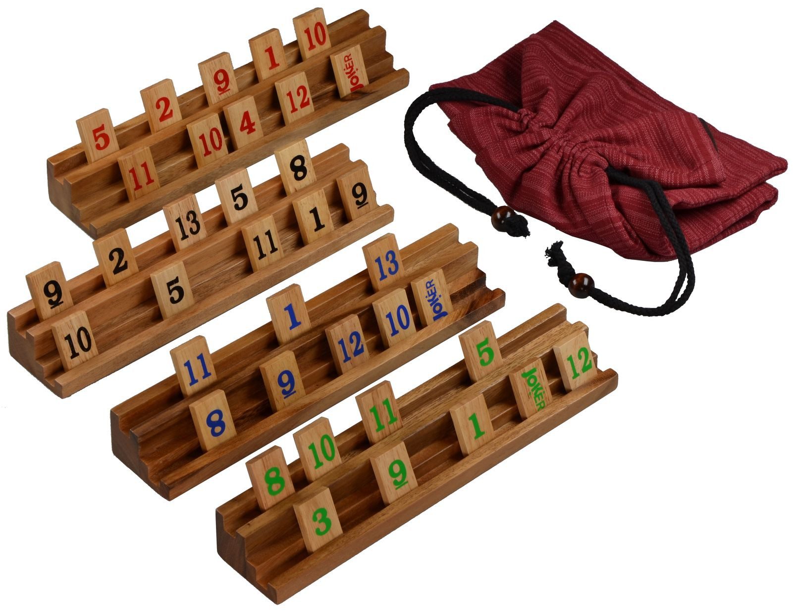 LOGOPLAY Spiel Rummy im Stoffbeutel, Gesellschaftsspiel, Rummy Okey Strategisches Legespiel aus edlem Holz für 2 bis 4 Spieler
