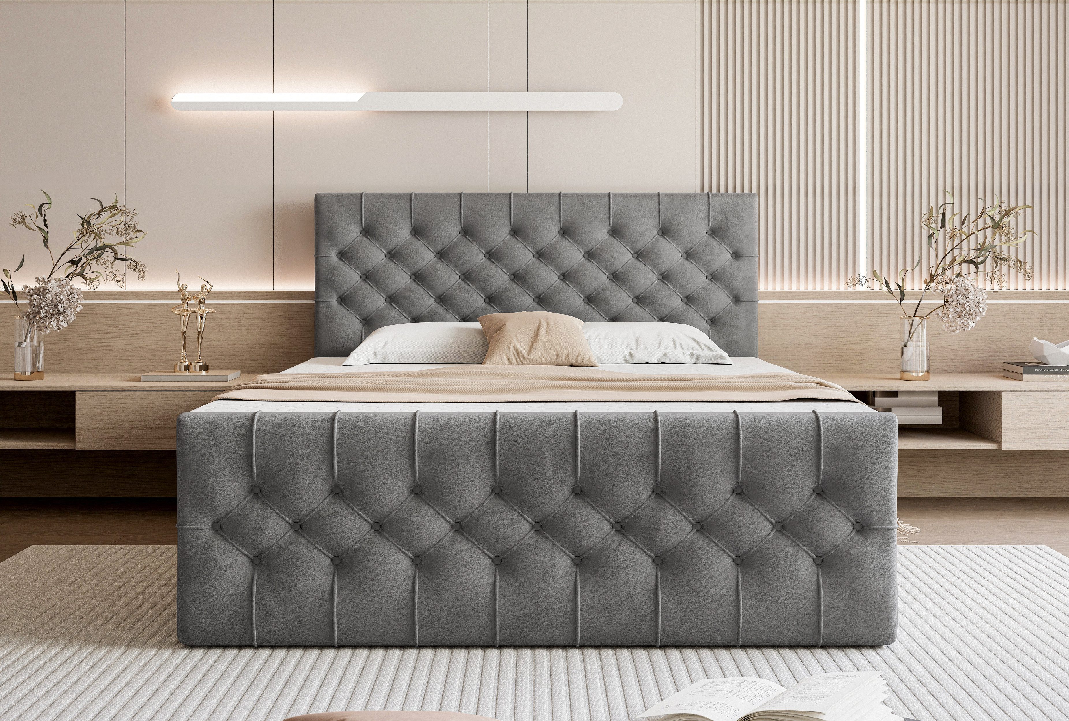 Goldstoff Boxspringbett TAURIEL mit Federkernmatratze & Topper, zwei Bettkästen (von 120 bis 200x200 cm), modernes Doppelbett aus Velvet Stoff mit edlem Kopftei – Bild 2 von 5
