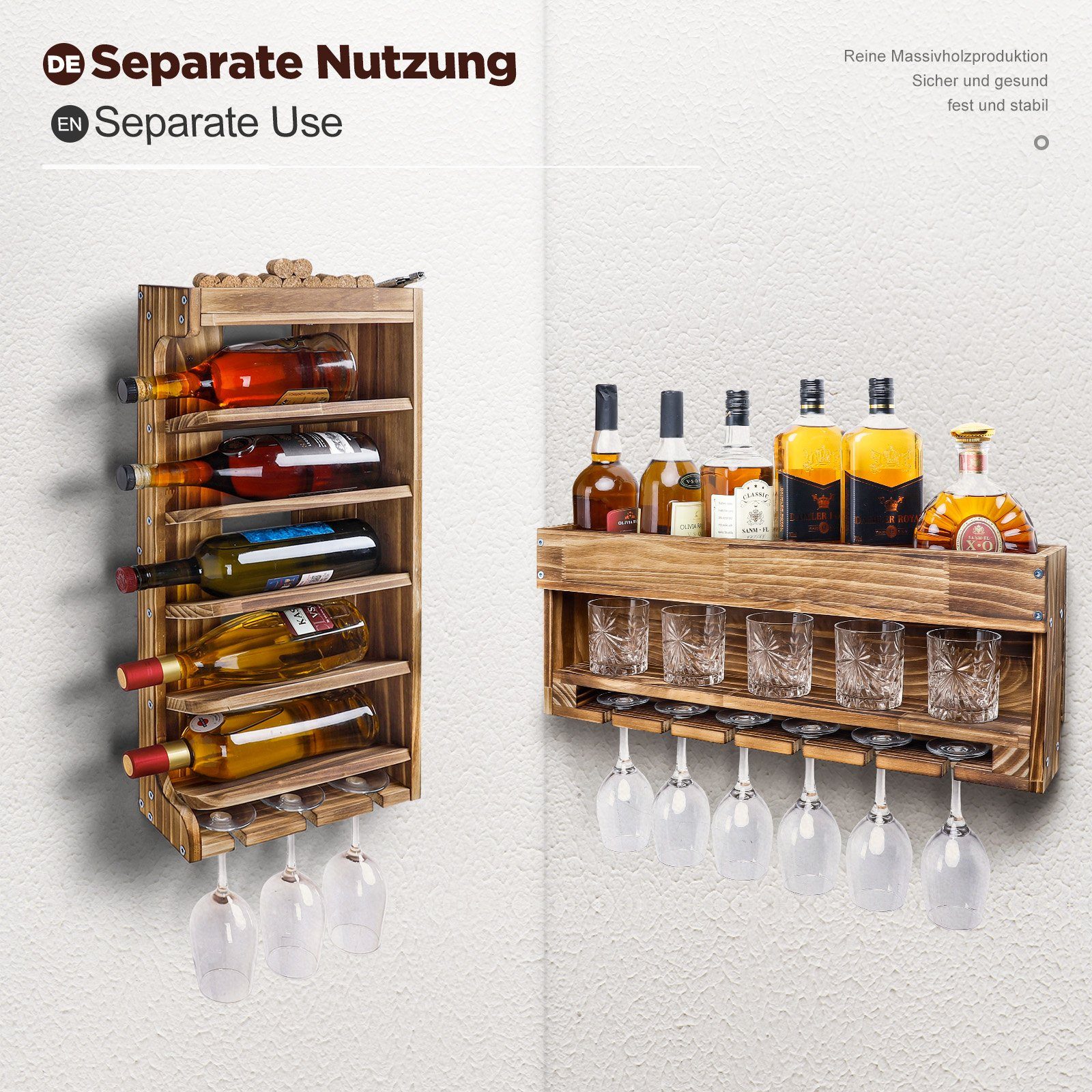 Yorbay Weinregal aus Holz, Wandbar mit Korkhalter, Holzregal für Weingläser, Whiskygläser, Wandmontage Wand Flaschenhalter Vintage Stil für Hausbar