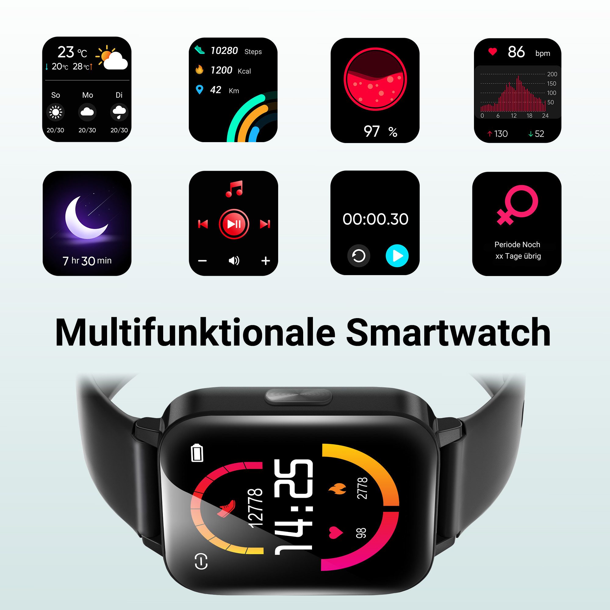 XINJI C1 Smartwatch Bluetooth Touchpanel Puls-/O²-Messung App, Black Fitnessuhr (4,29 cm cm/1,69 Zoll, Proprietär Betriebssystem), 1,69'' TFT Touchdisplay, 5ATM, Herzfrequenz & SpO₂