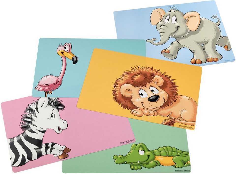 Platzset, Happy Zoo, Ritzenhoff & Breker, (Set, 5-St), pflegeleichter  Kunststoff, mit Tier-Motiven, 5 verschiedene Dessins (Elefant, Zebra,  Flamingo, Löwe und Krokodil)