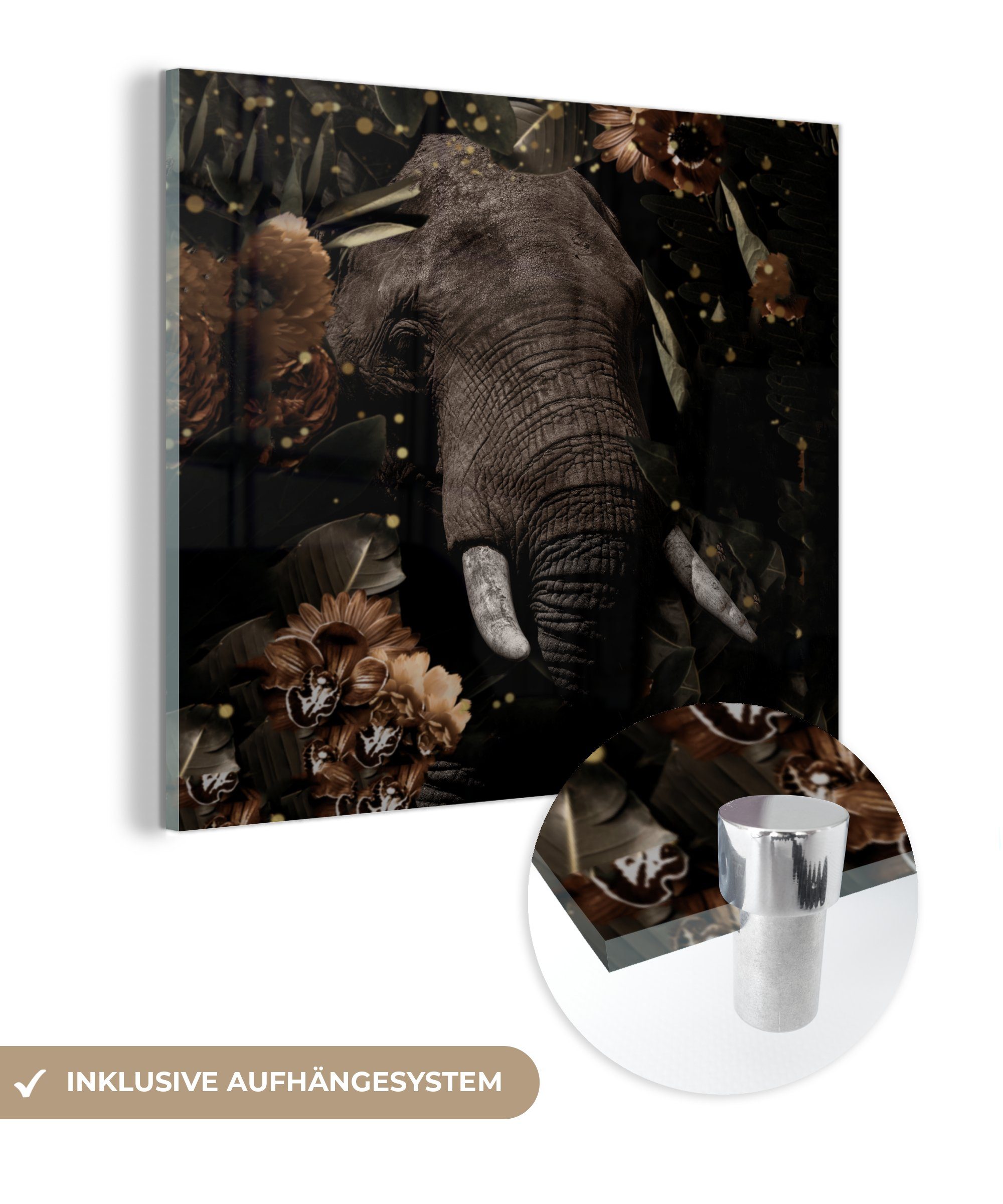 MuchoWow Acrylglasbild Elefant - Blumen - Licht - Botanisch, (1 St), Glasbilder - Bilder auf Glas Wandbild - Foto auf Glas - Wanddekoration