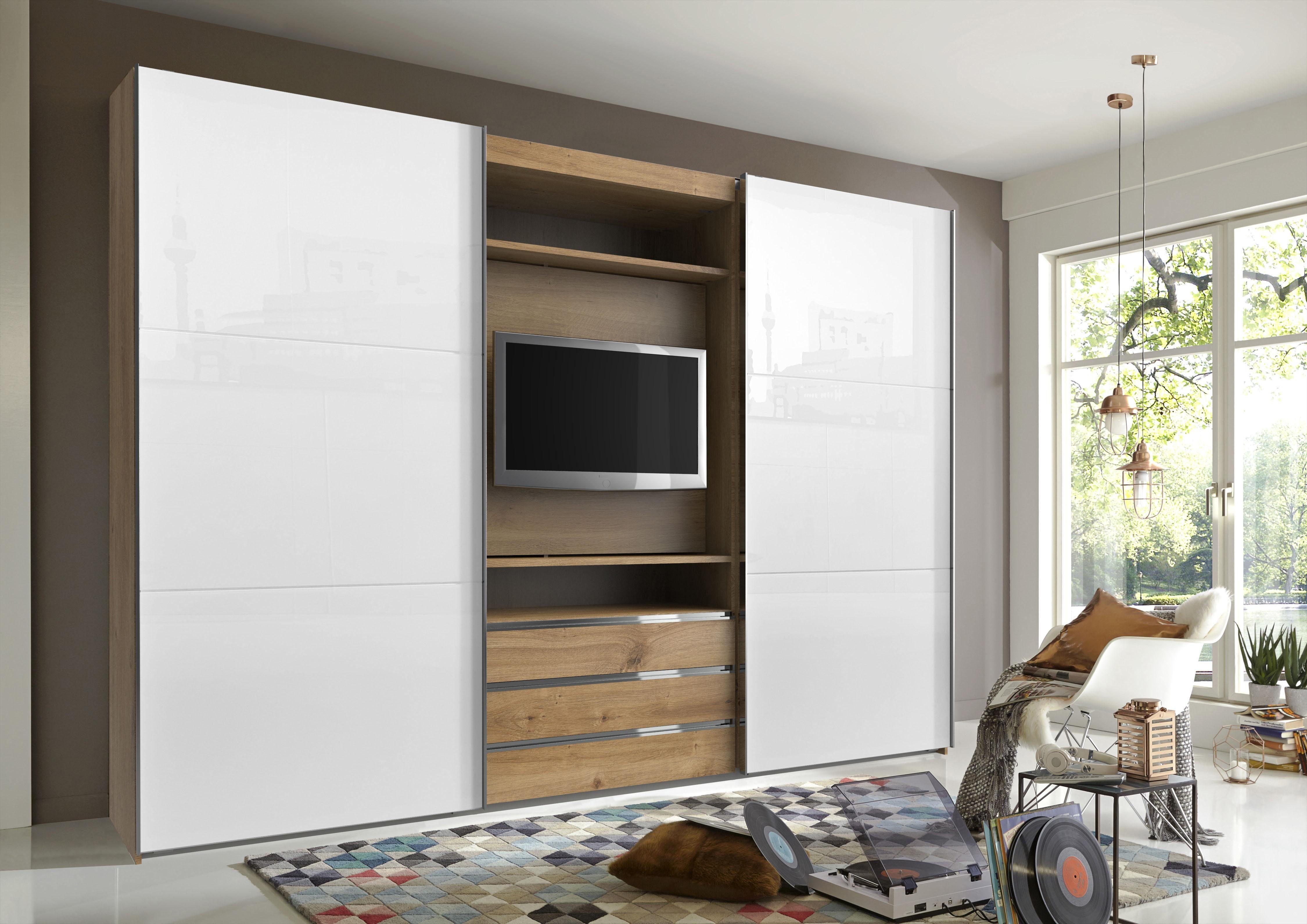 To Außentüren mit Weißglas Schwebetürenschrank plankeneichefarben, Magic Go drehbaren Fresh TV-Element