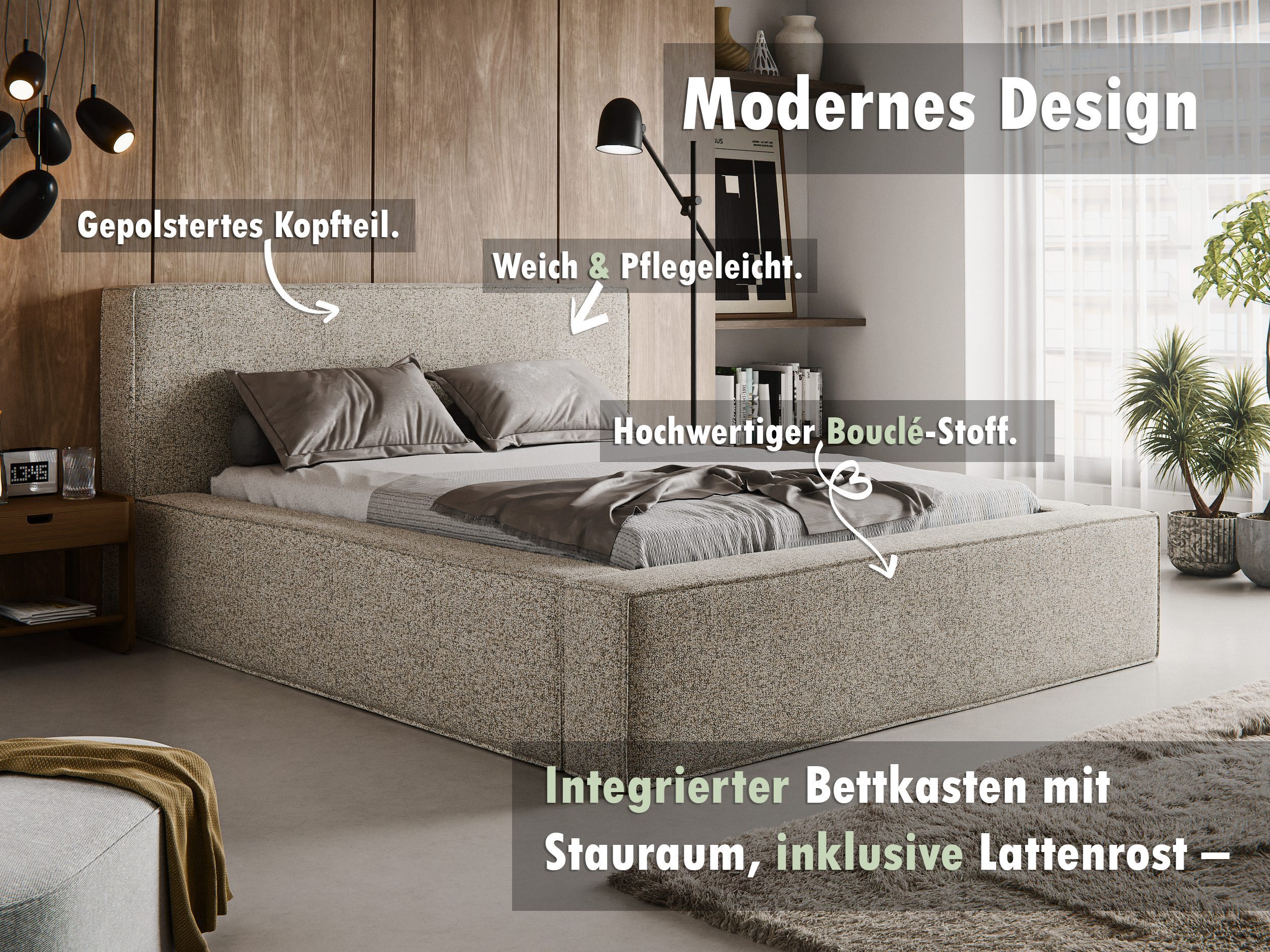 thematys Polsterbett mit Bettkasten, Stauraumbett, Bouclé günstig online kaufen