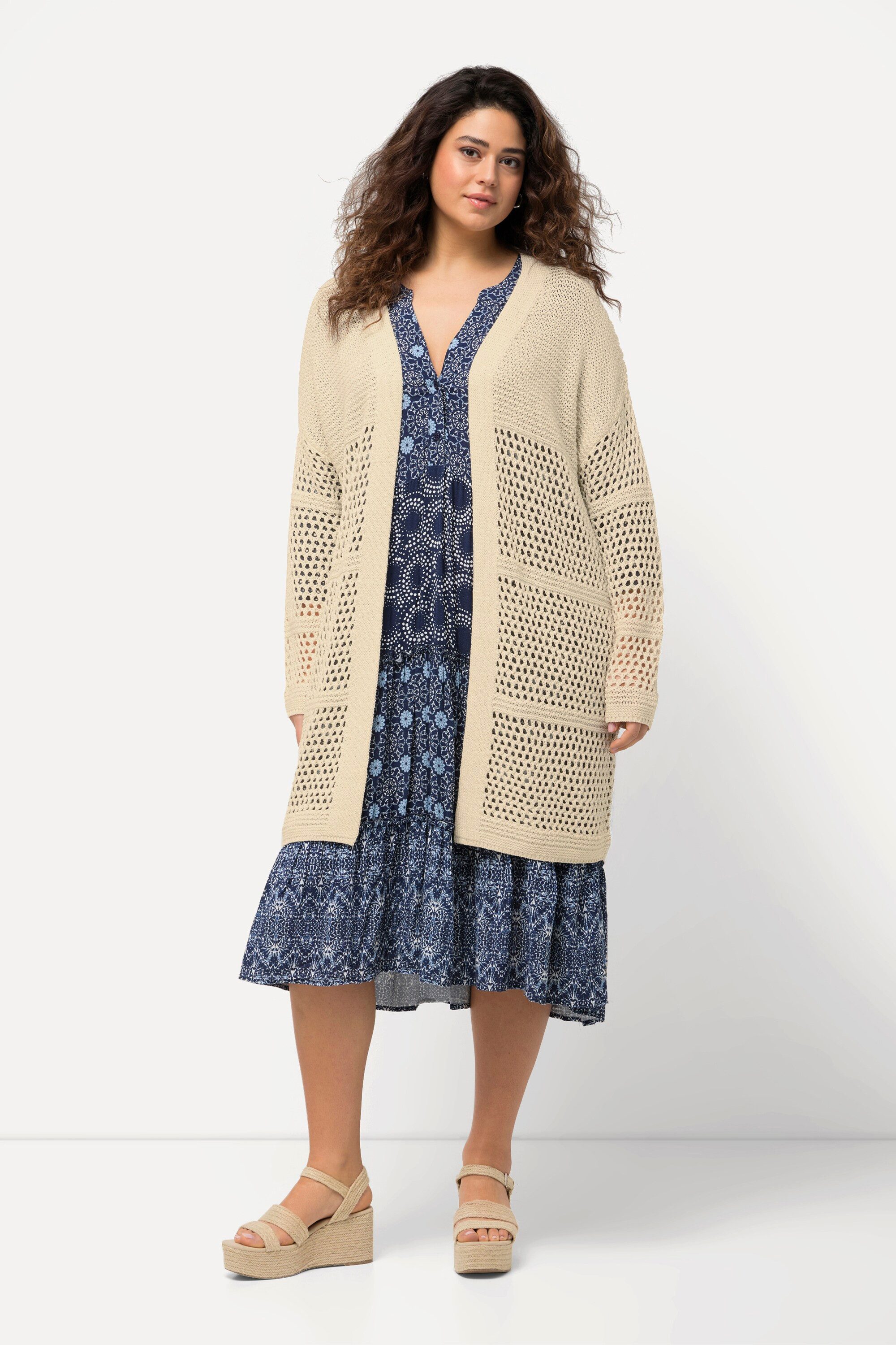 Ulla Popken Strickjacke Long-Häkeljacke Lochmuster Oversized