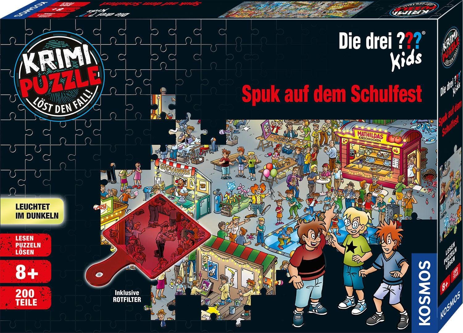 Kosmos Puzzle Krimipuzzle Die drei ??? Kids 200 Teile / Spuk auf dem Schulfest, 200 Puzzleteile, leuchtet im Dunkeln, Made in Germany | Puzzle