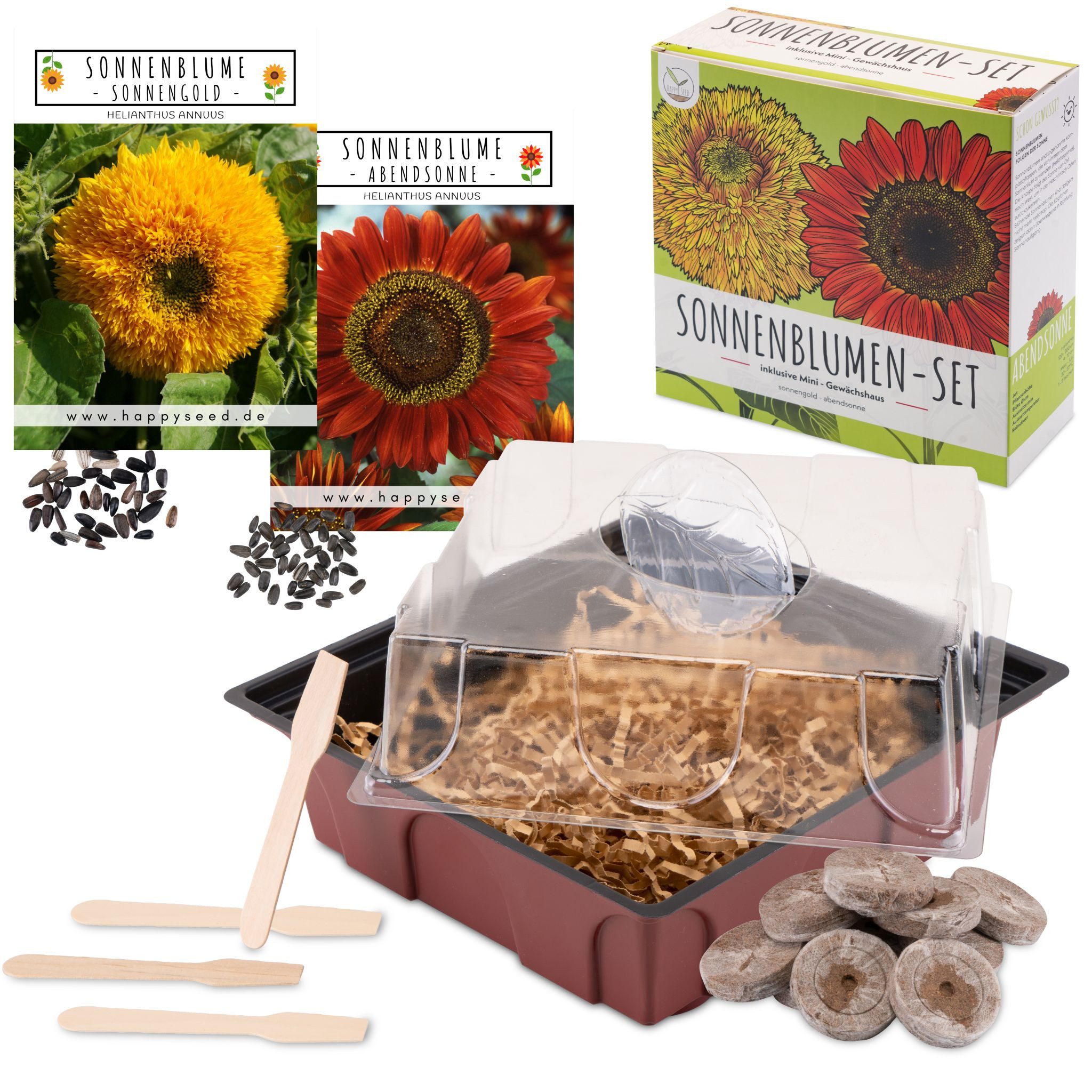 HappySeed Blumensamen Sonnenblumen Anzuchtset - Pflanzset Abendsonne + Sonnengold, Sonnenblumen