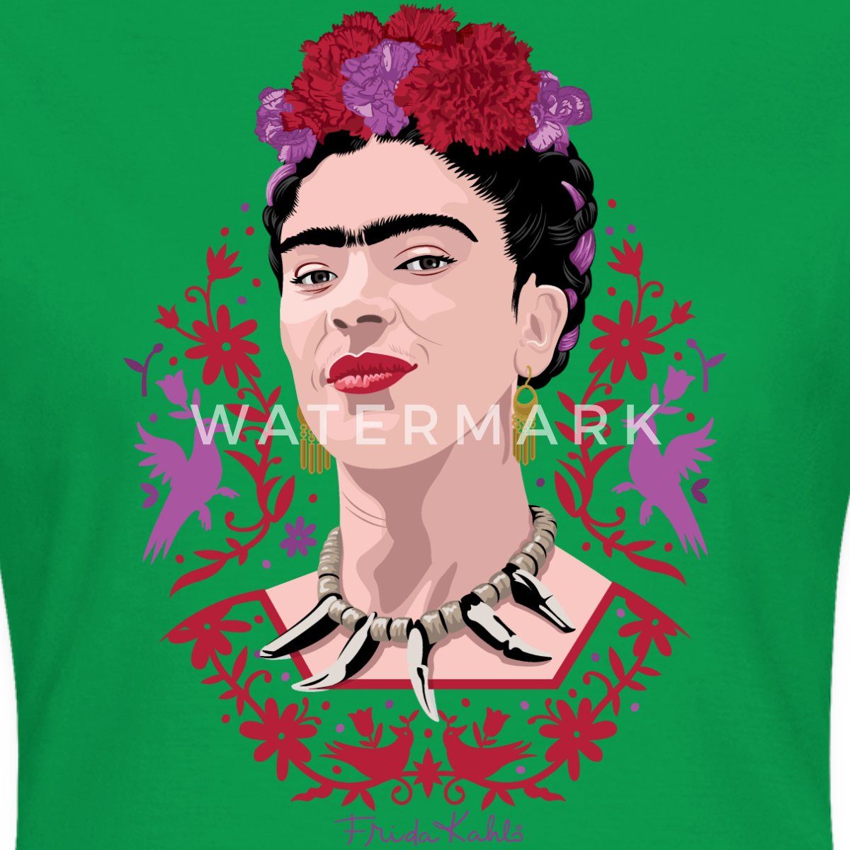 Spreadshirt T-Shirt Frida Kahlo Portrait Mit Blüten Lila Und Rot Frauen T-Shirt (1-tlg) Slim Fit, fällt klein aus