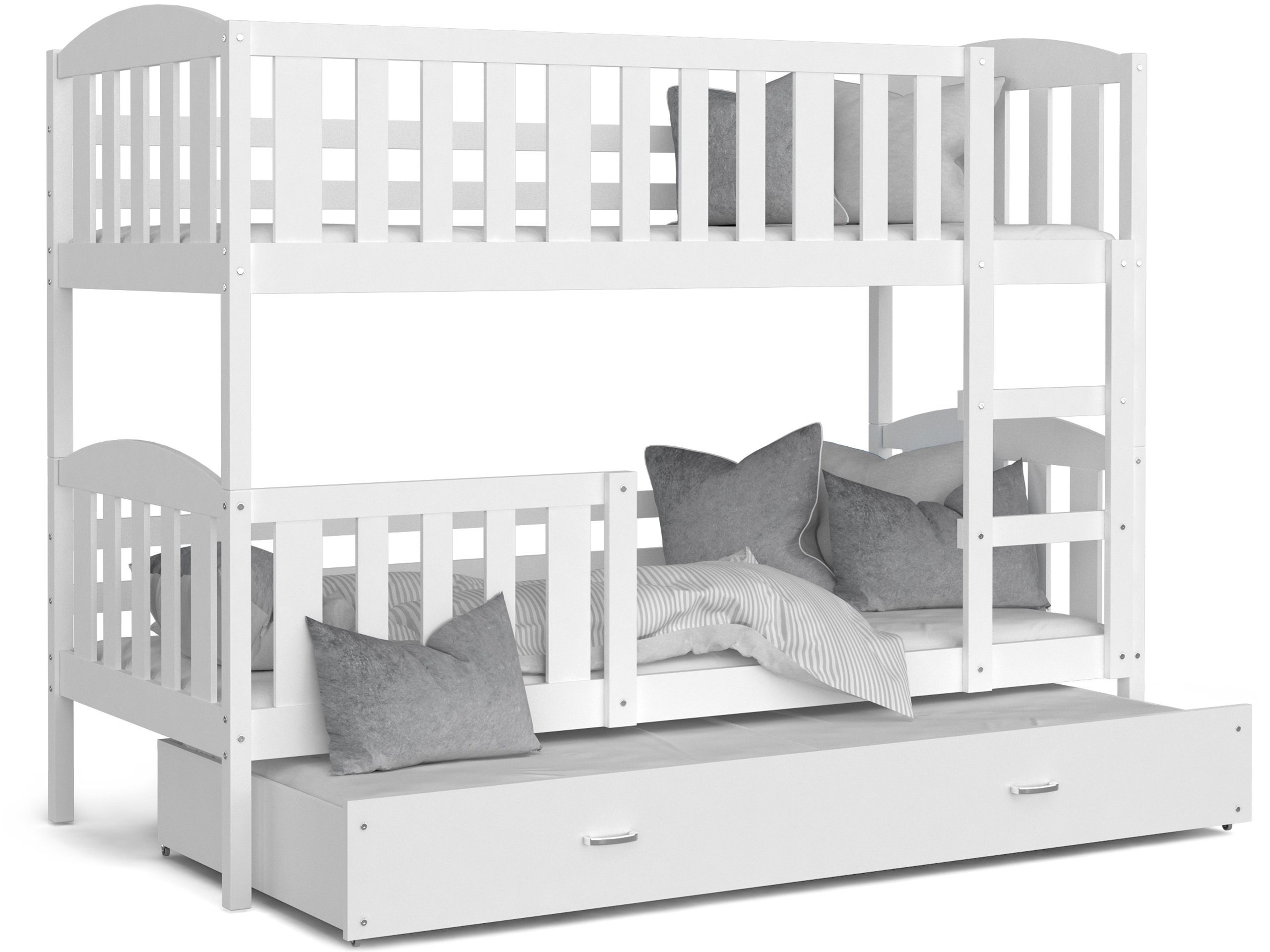 Siblo Kinderbett Rupert (Flexibler Weiß Bett Massivholz, Sicherheitsbarriere, Möbelplatte Schaummatratzen), Schublade, Lattenrost